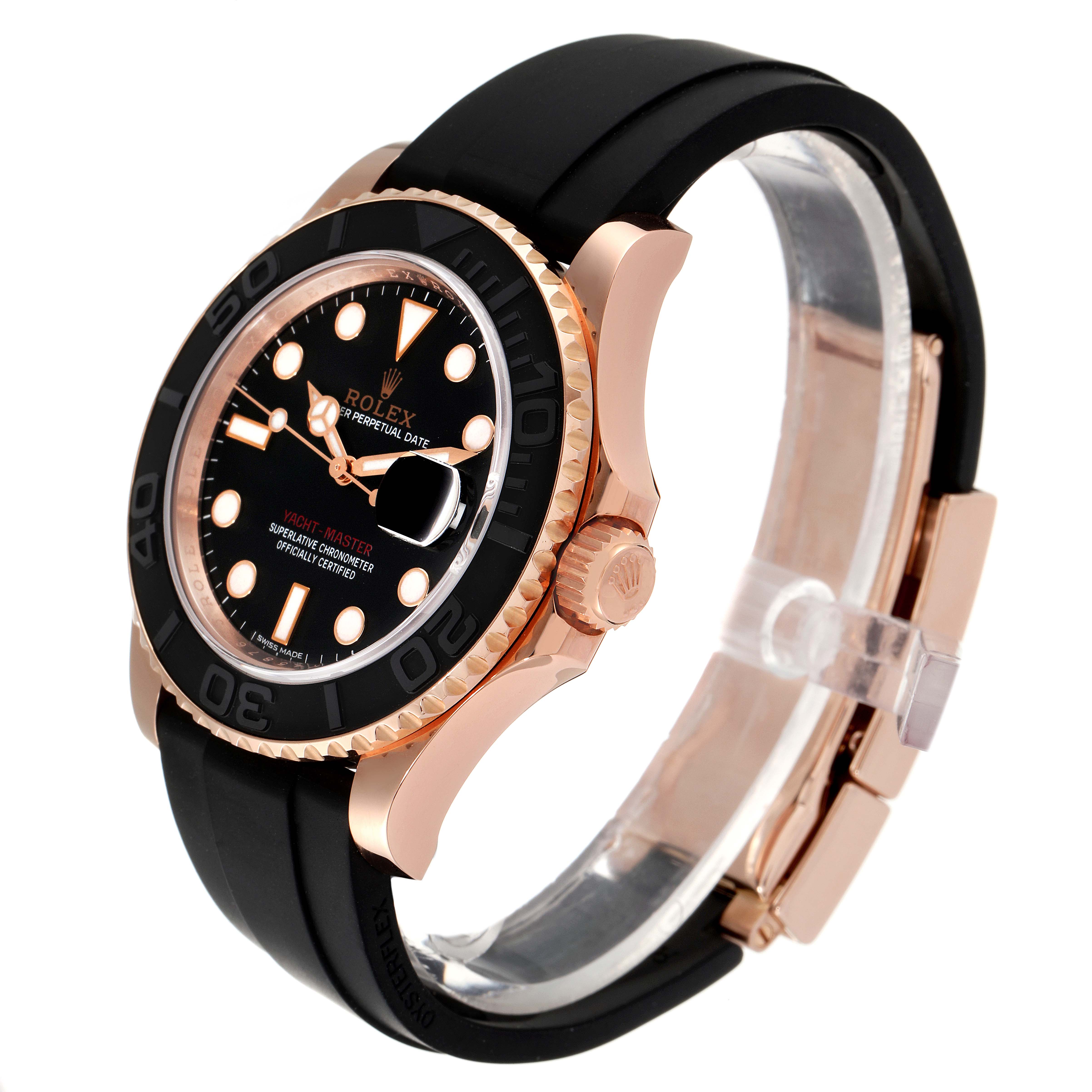 The Rolex Yacht-Master 116655 Men
s Rose Gold Black Dial 116655 Men
s Rose Gold Black Dial watch is shown at an angled view, displaying the face, crown, bezel, and band.