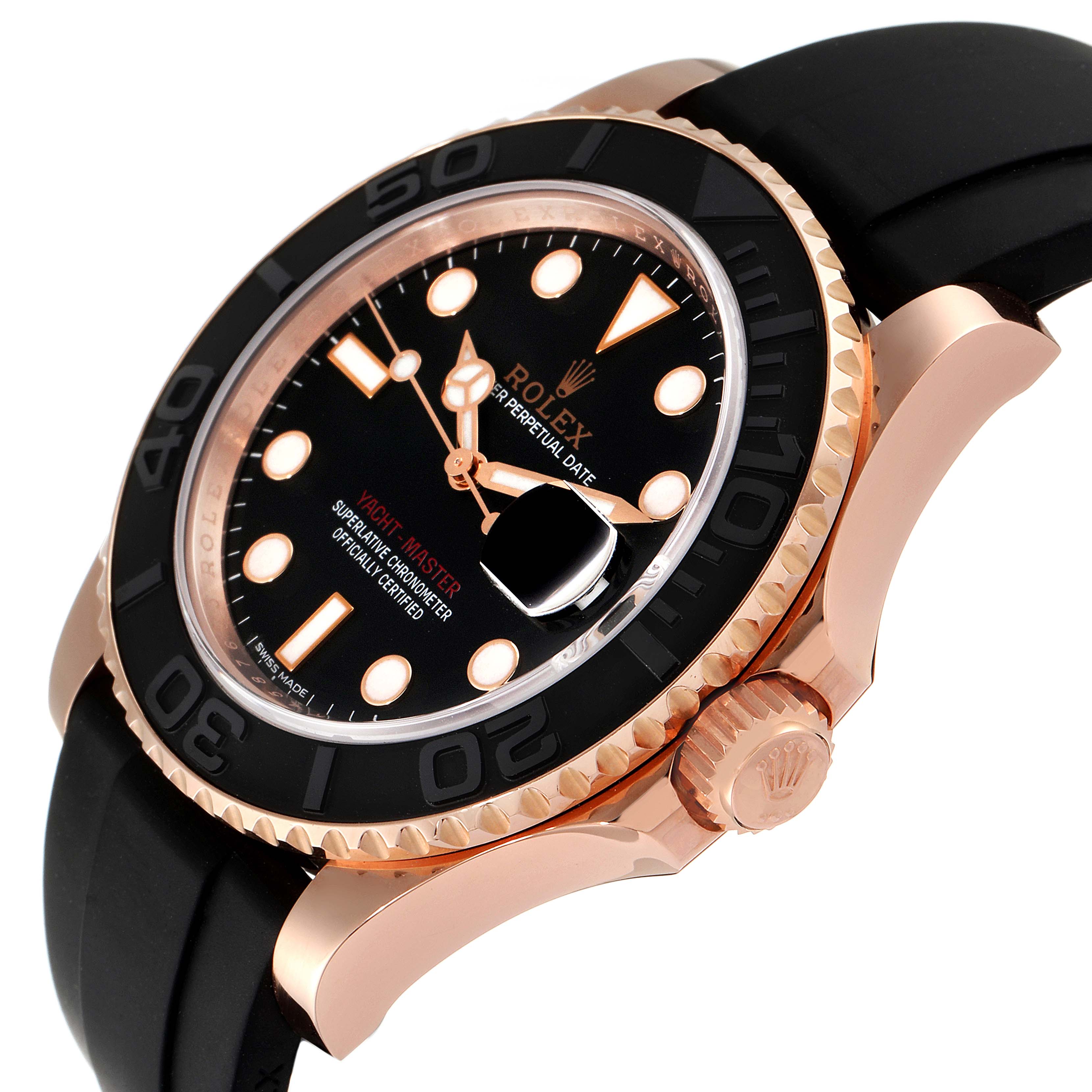The Rolex Yacht-Master 116655 Men
s Rose Gold Black Dial 116655 Men
s Rose Gold Black Dial watch is shown at a three-quarter angle, highlighting the bezel, crown, dial, and strap.