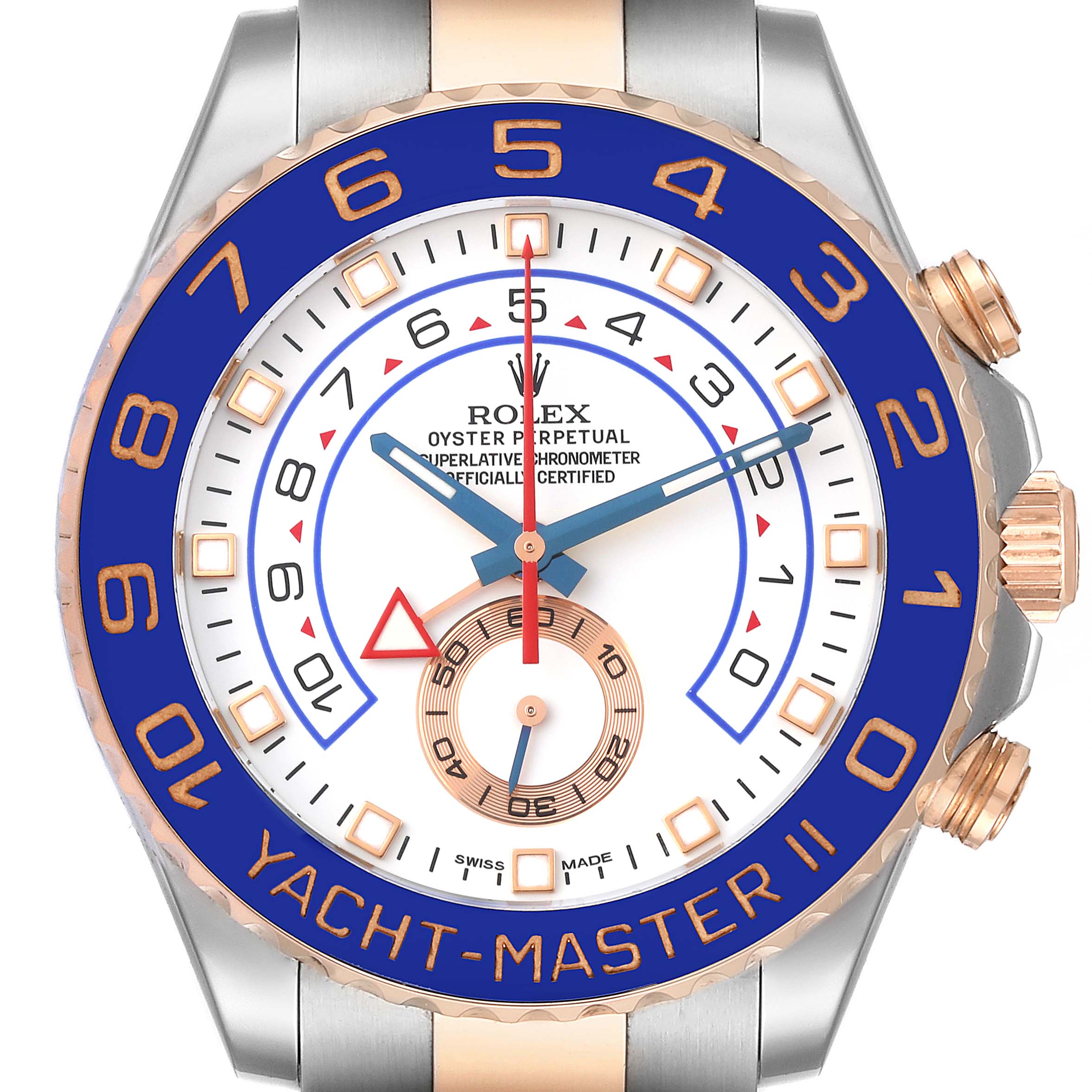 The image shows a close-up of the face of a Rolex Yacht-Master 116681 Men's Steel and Gold (two tone) White Dial 116681 Men's Steel and Gold (two tone) White Dial II watch, highlighting its bezel, hands, and dial.