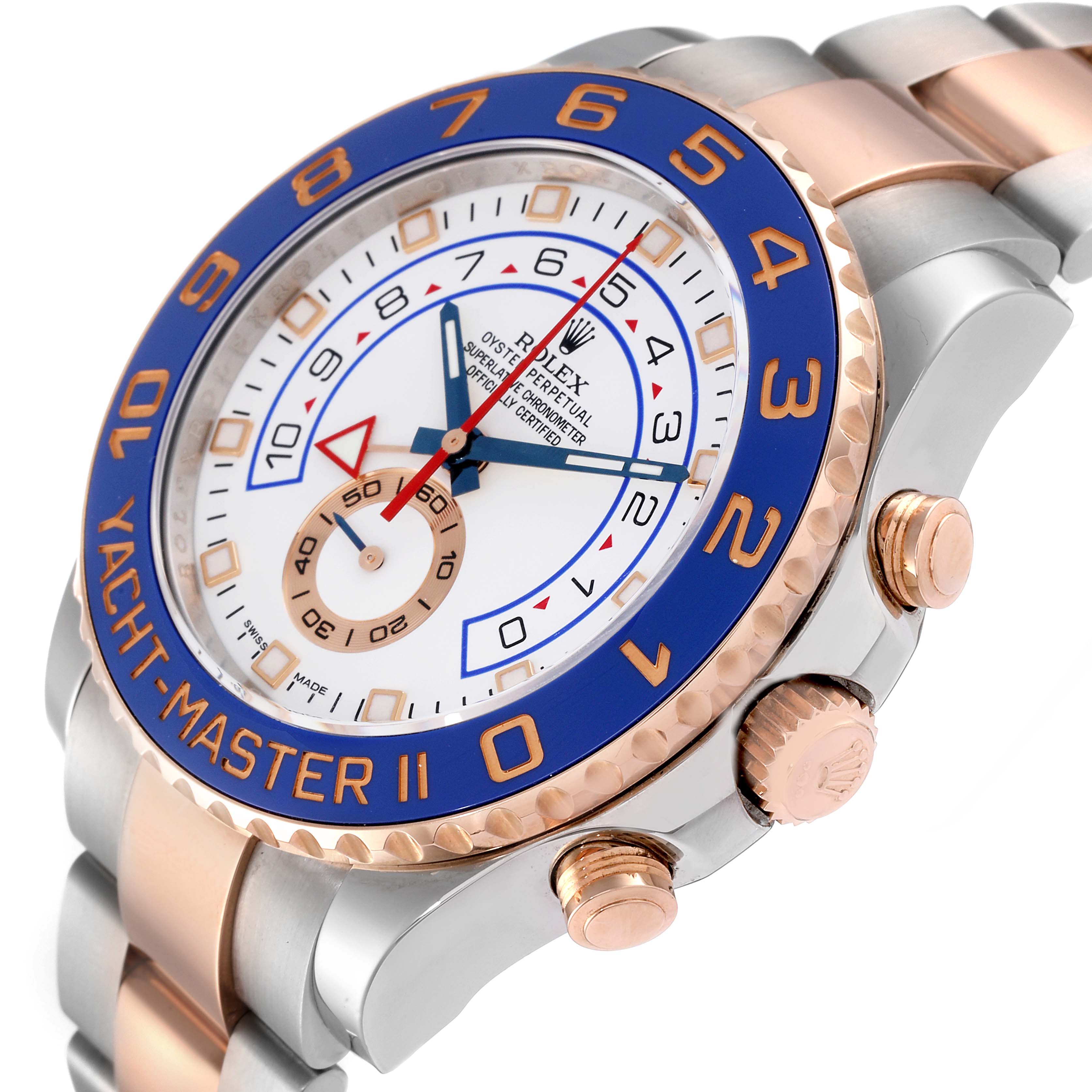 The image shows a close-up view of the Rolex Yacht-Master 116681 Men's Steel and Gold (two tone) White Dial 116681 Men's Steel and Gold (two tone) White Dial II watch, highlighting its dial, bezel, and crown.