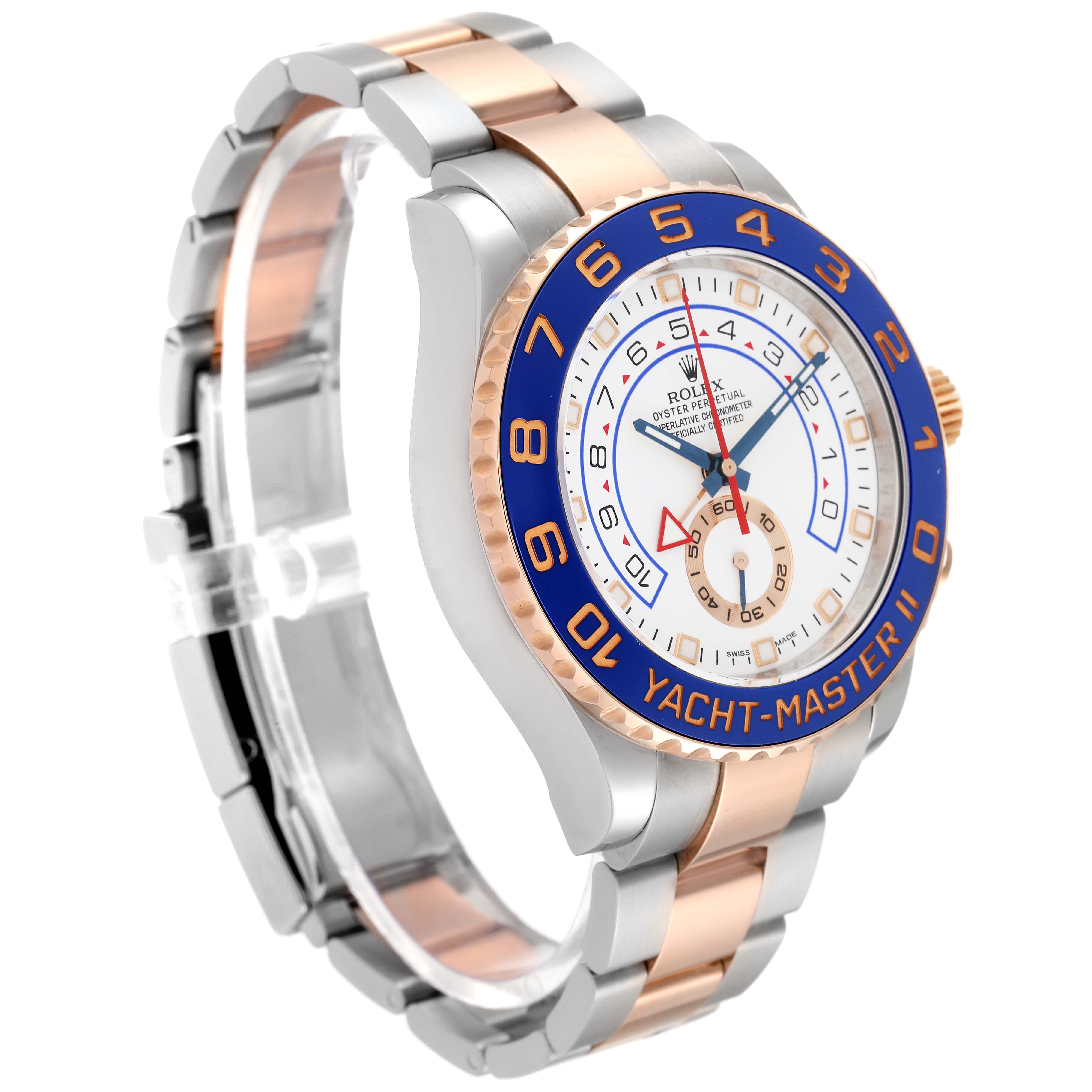 The Rolex Yacht-Master 116681 Men's Steel and Gold (two tone) White Dial 116681 Men's Steel and Gold (two tone) White Dial watch is shown at a three-quarter angle, highlighting its face, bezel, and bracelet.