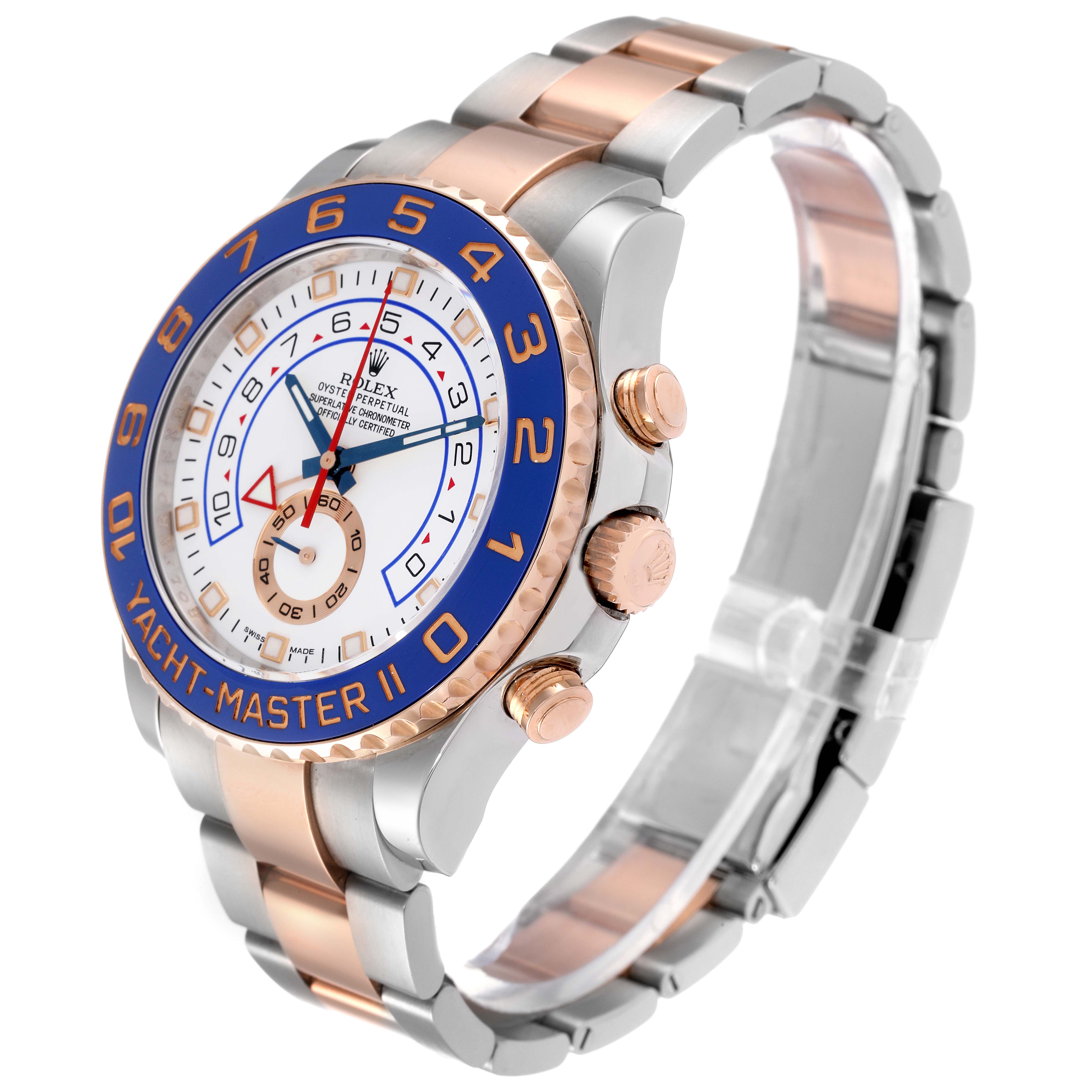 The Rolex Yacht-Master 116681 Men's Steel and Gold (two tone) White Dial 116681 Men's Steel and Gold (two tone) White Dial watch is shown from a three-quarter angle, highlighting the face, bezel, buttons, and part of the bracelet.