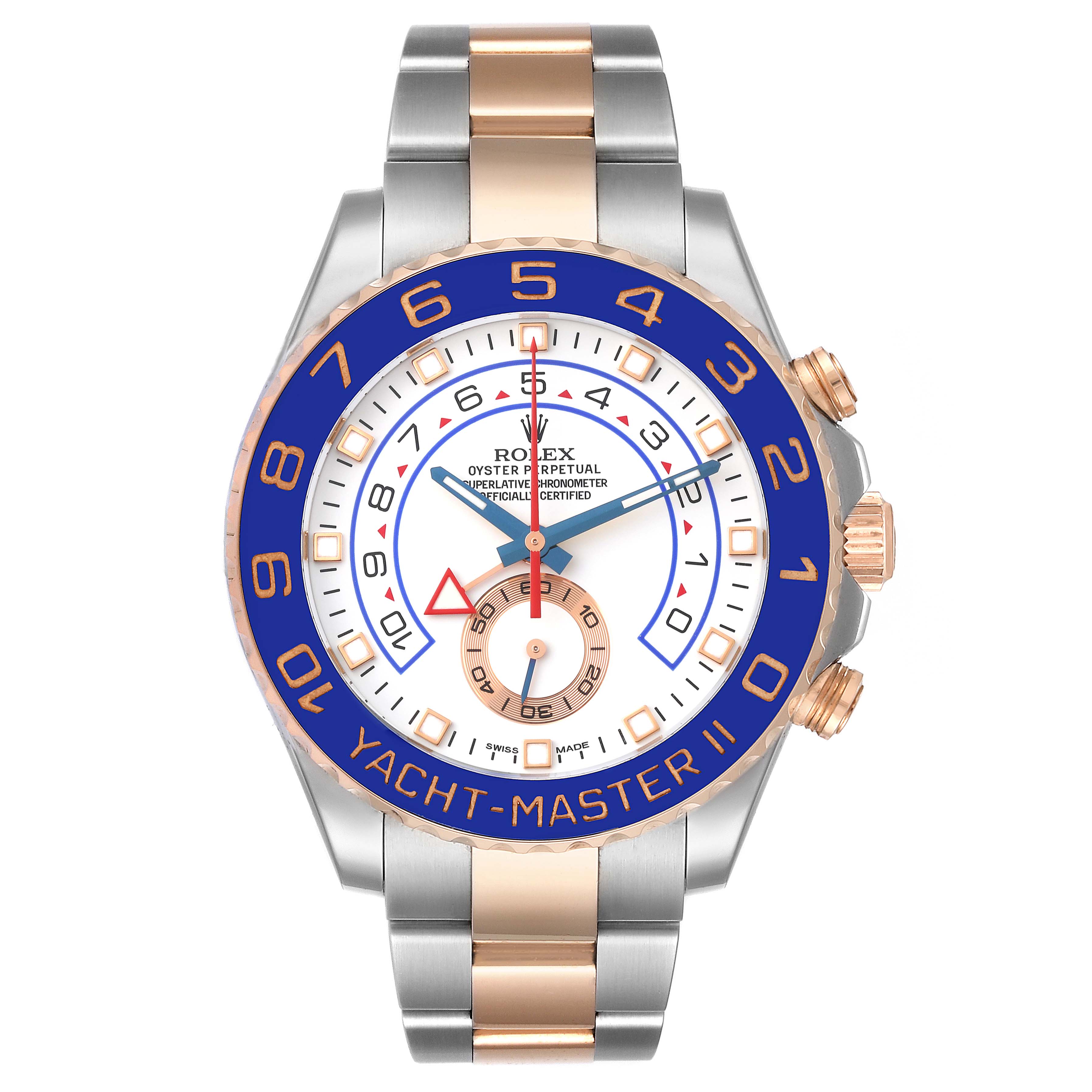 The image shows a Rolex Yacht-Master 116681 Men's Steel and Gold (two tone) White Dial 116681 Men's Steel and Gold (two tone) White Dial II watch from a front angle, displaying the dial, bezel, and bracelet.