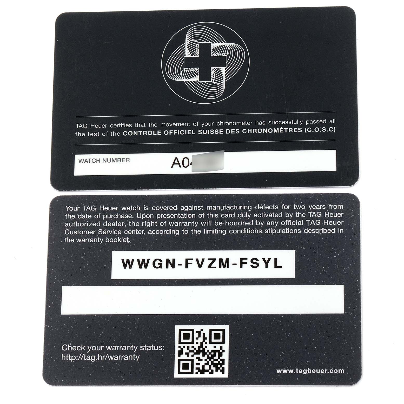 The image shows the warranty and certification cards for the Tag Heuer Carrera CAR5A8Y.FC6377 Men
s Titanium Black Dial CAR5A8Y.FC6377 Men
s Titanium Black Dial model watch.