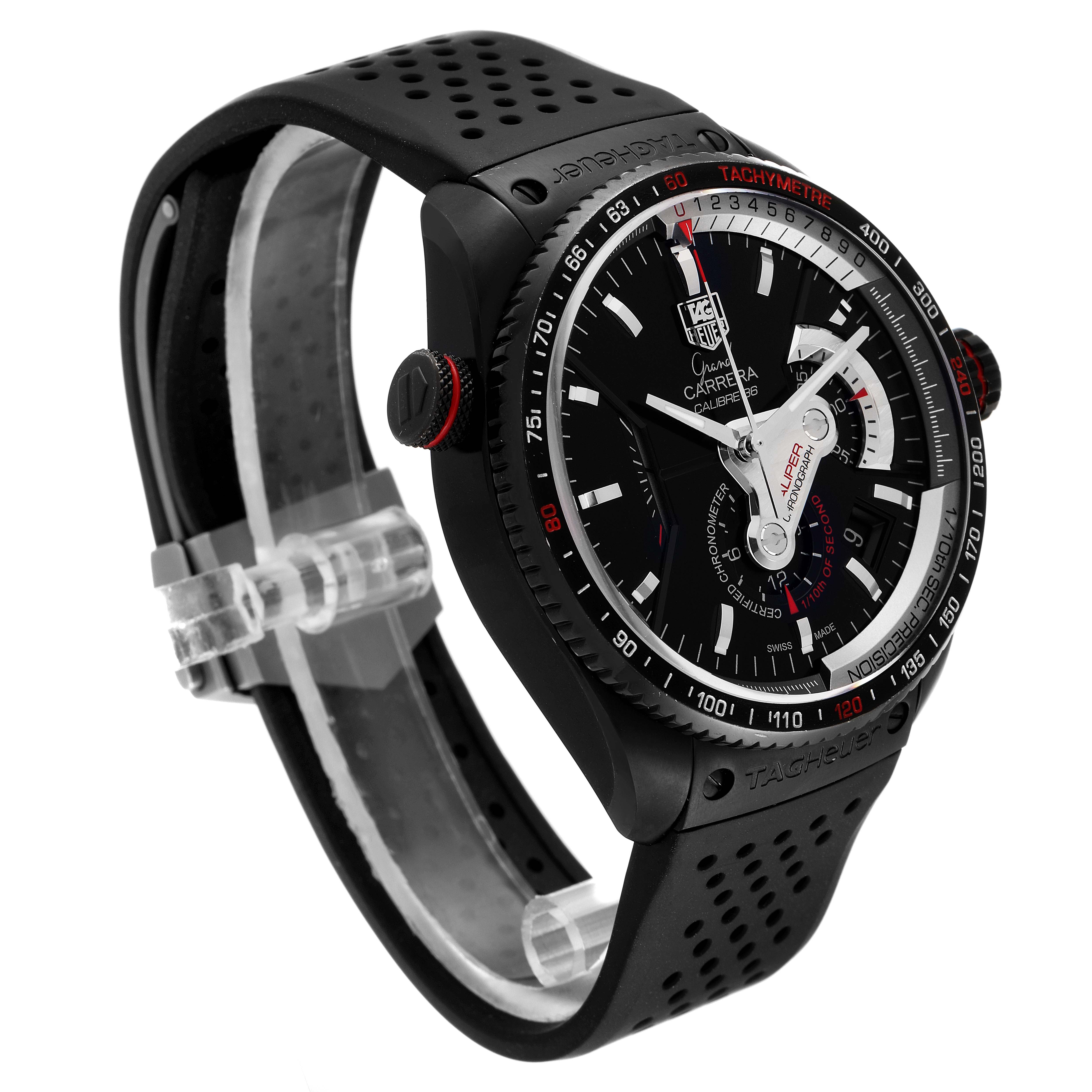 The image shows a side and angled view of the Tag Heuer Carrera CAV5185.FC6237 Men's Titanium Black Dial CAV5185.FC6237 Men's Titanium Black Dial watch, displaying its dial, bezel, and strap.