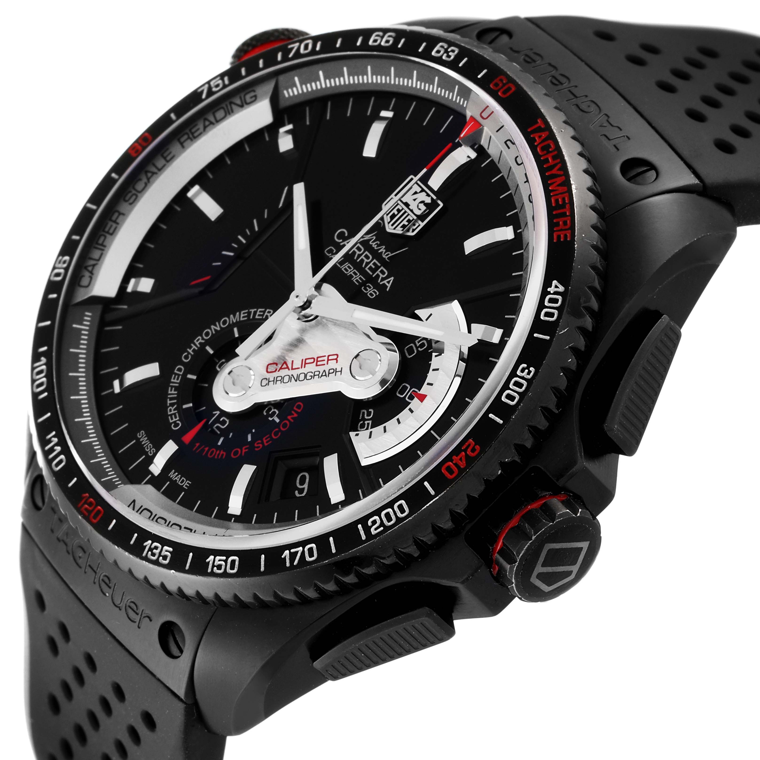 The image shows a close-up angled view of the face and strap of the Tag Heuer Carrera CAV5185.FC6237 Men's Titanium Black Dial CAV5185.FC6237 Men's Titanium Black Dial watch.