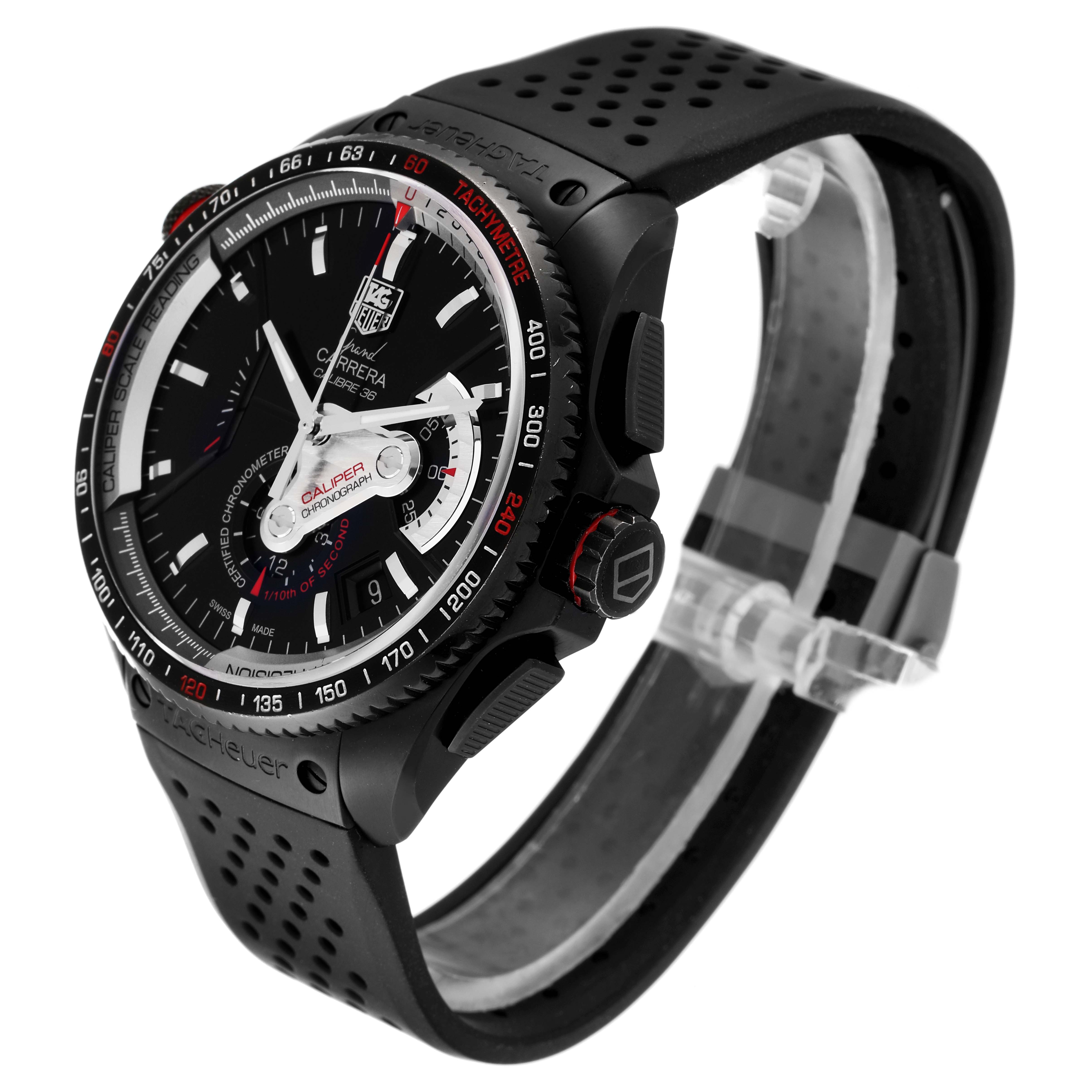 The image shows a side-angle view of the Tag Heuer Carrera CAV5185.FC6237 Men's Titanium Black Dial CAV5185.FC6237 Men's Titanium Black Dial watch, displaying its black dial, bezel, and perforated strap.