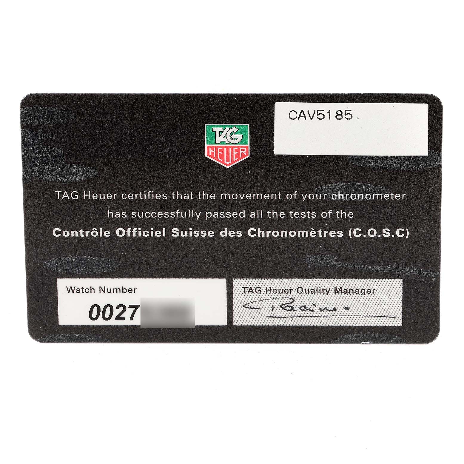 The image shows a certification card for the Tag Heuer Carrera CAV5185.FC6237 Men's Titanium Black Dial CAV5185.FC6237 Men's Titanium Black Dial model.