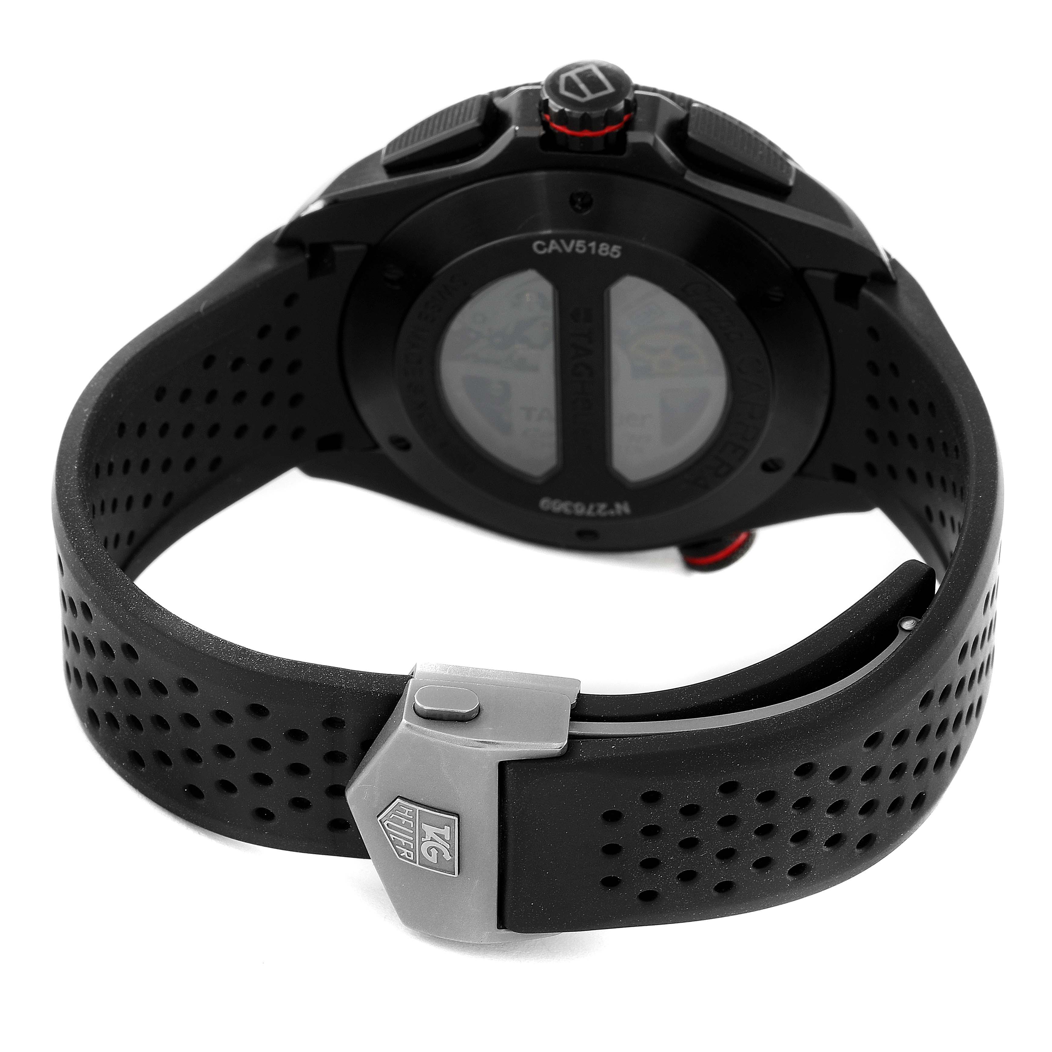 The image shows the back view of the Tag Heuer Carrera CAV5185.FC6237 Men's Titanium Black Dial CAV5185.FC6237 Men's Titanium Black Dial watch, focusing on the strap, buckle, and case back.
