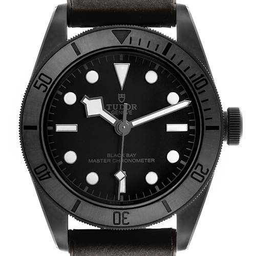 The image shows a frontal view of the Tudor Heritage Black Bay 79210 Men's Ceramic Black Dial watch, highlighting its dial, bezel, and crown.