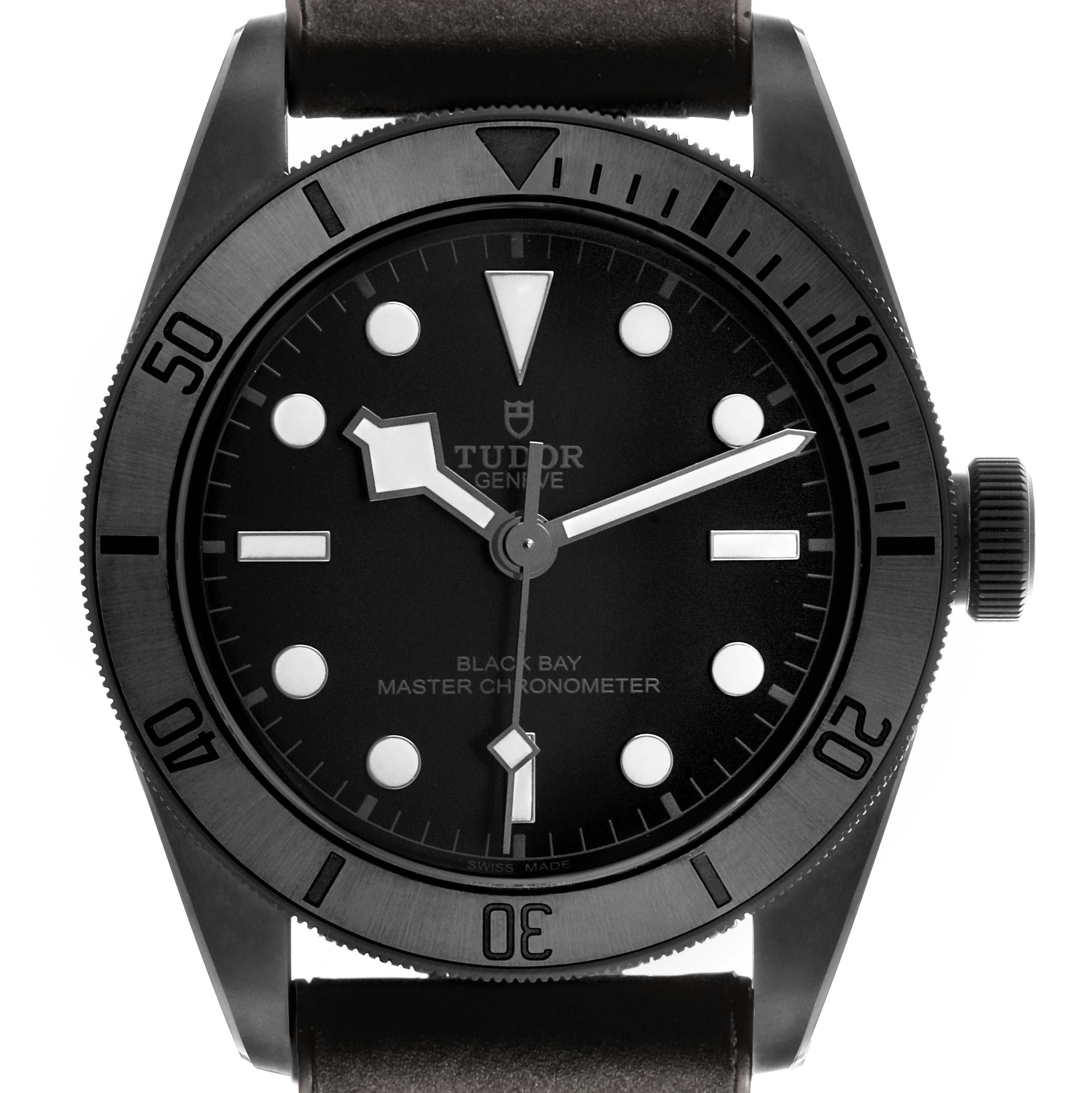 The Tudor Heritage Black Bay 79210 Men's Ceramic Black Dial watch is shown from the front, displaying its bezel, dial, hands, and markers.