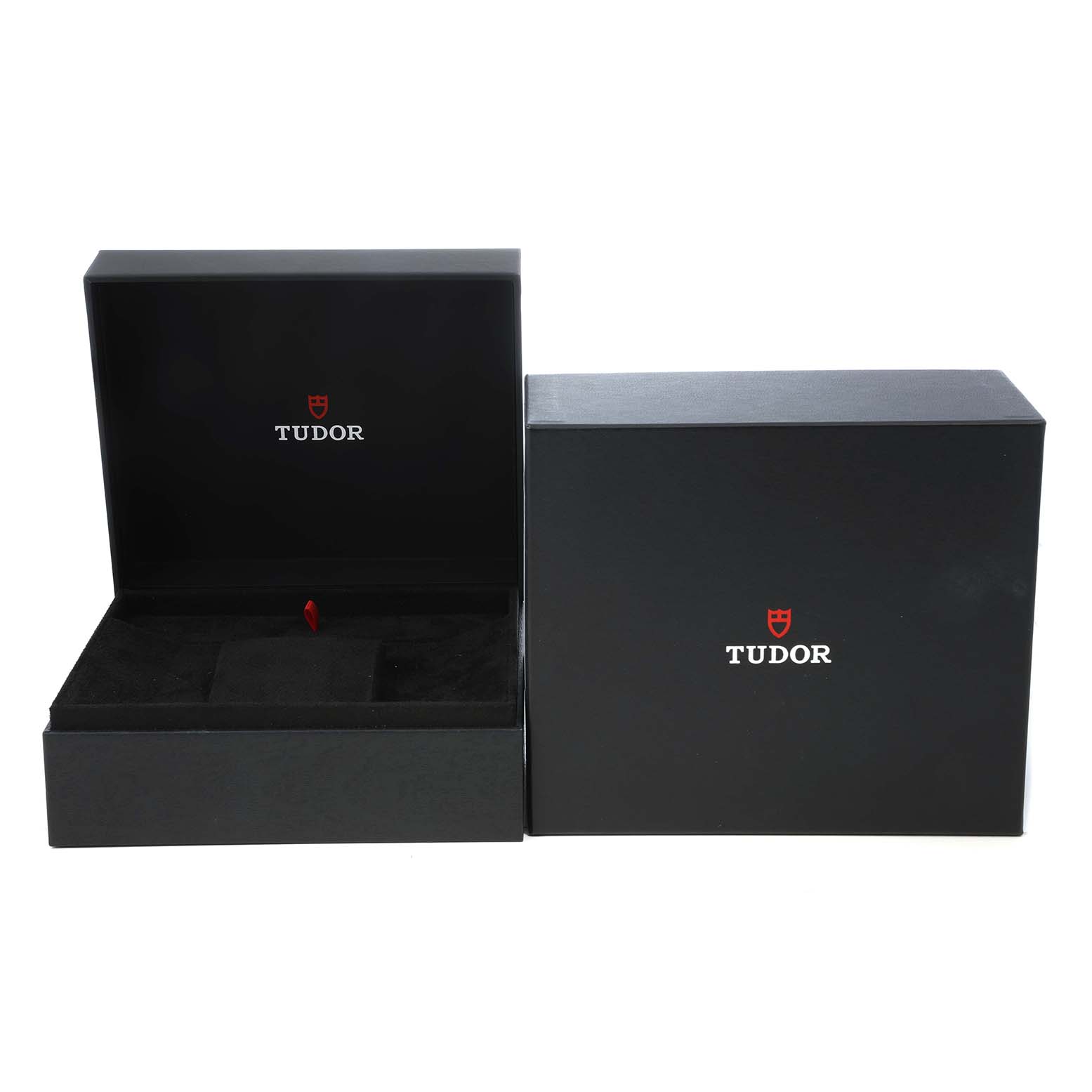 The image shows the Tudor Heritage Black Bay 79030 Men's Stainless Steel Blue Dial watch's open and closed black boxes with the Tudor logo visible.