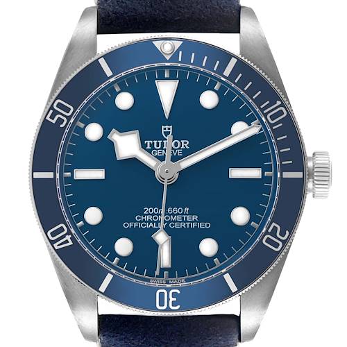 The Tudor Heritage Black Bay 79030 Men's Stainless Steel Blue Dial watch is shown from the front, highlighting the dial, bezel, and crown.