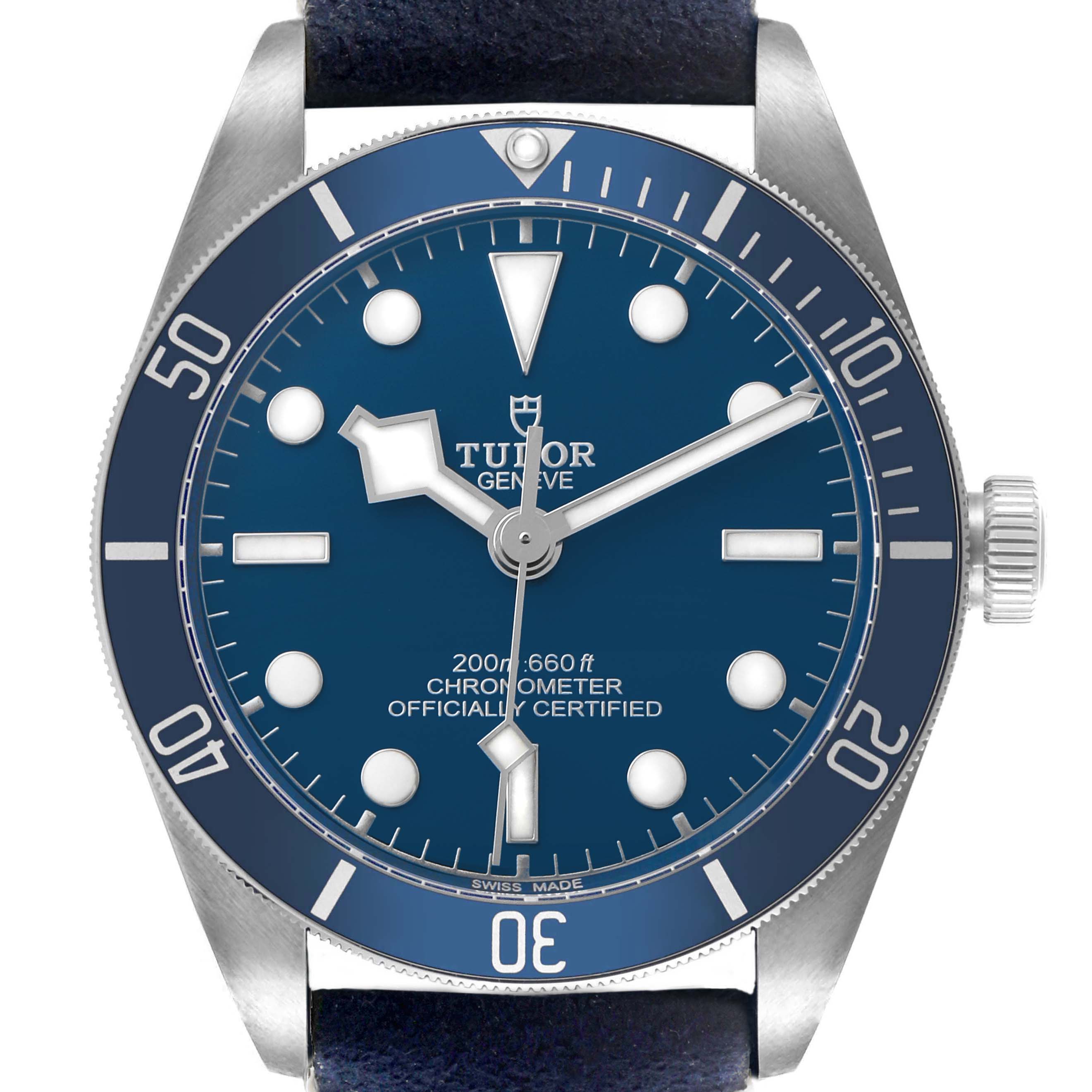 The image shows a front view of the Tudor Heritage Black Bay 79030 Men's Stainless Steel Blue Dial watch, highlighting its blue dial and bezel.