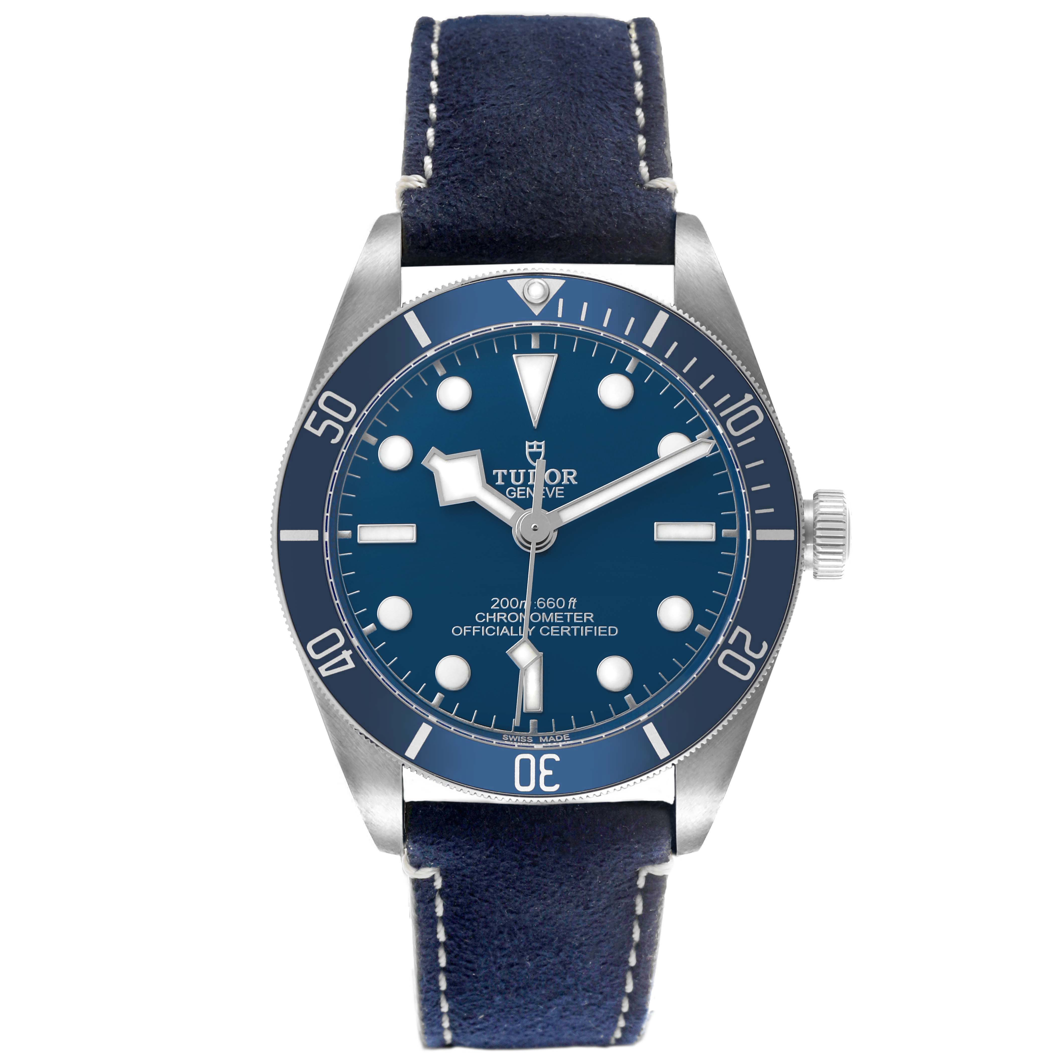 The Tudor Heritage Black Bay 79030 Men's Stainless Steel Blue Dial watch is shown from a front angle, displaying its blue dial, bezel, and strap.