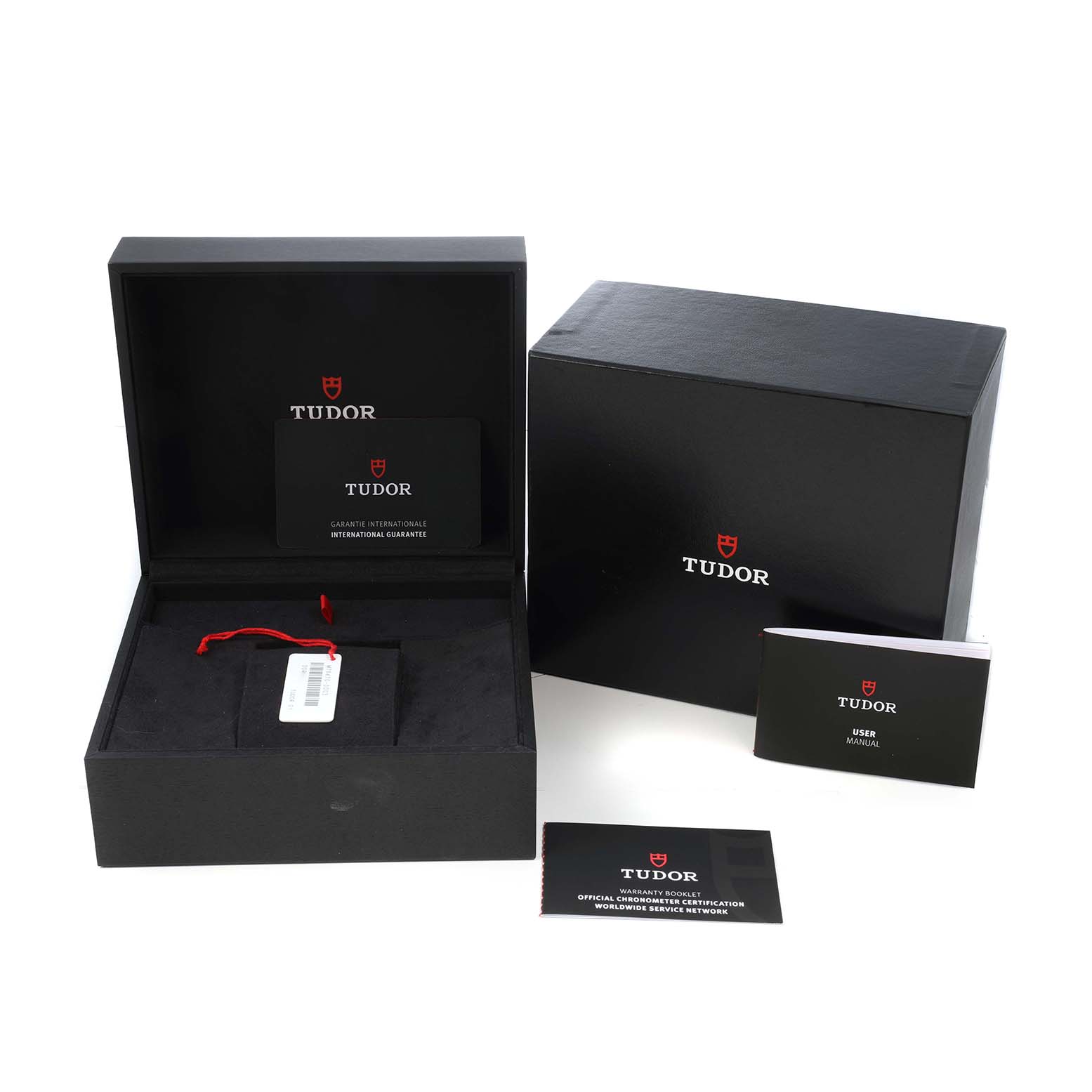The image shows Tudor Heritage Black Bay 79470 Men's Stainless Steel Black Dial packaging with the box, guarantee card, user manual, and warranty booklet.