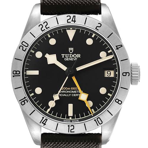 The Tudor Heritage Black Bay 79470 Men's Stainless Steel Black Dial watch is shown from the front, highlighting the dial, bezel, hands, and crown.