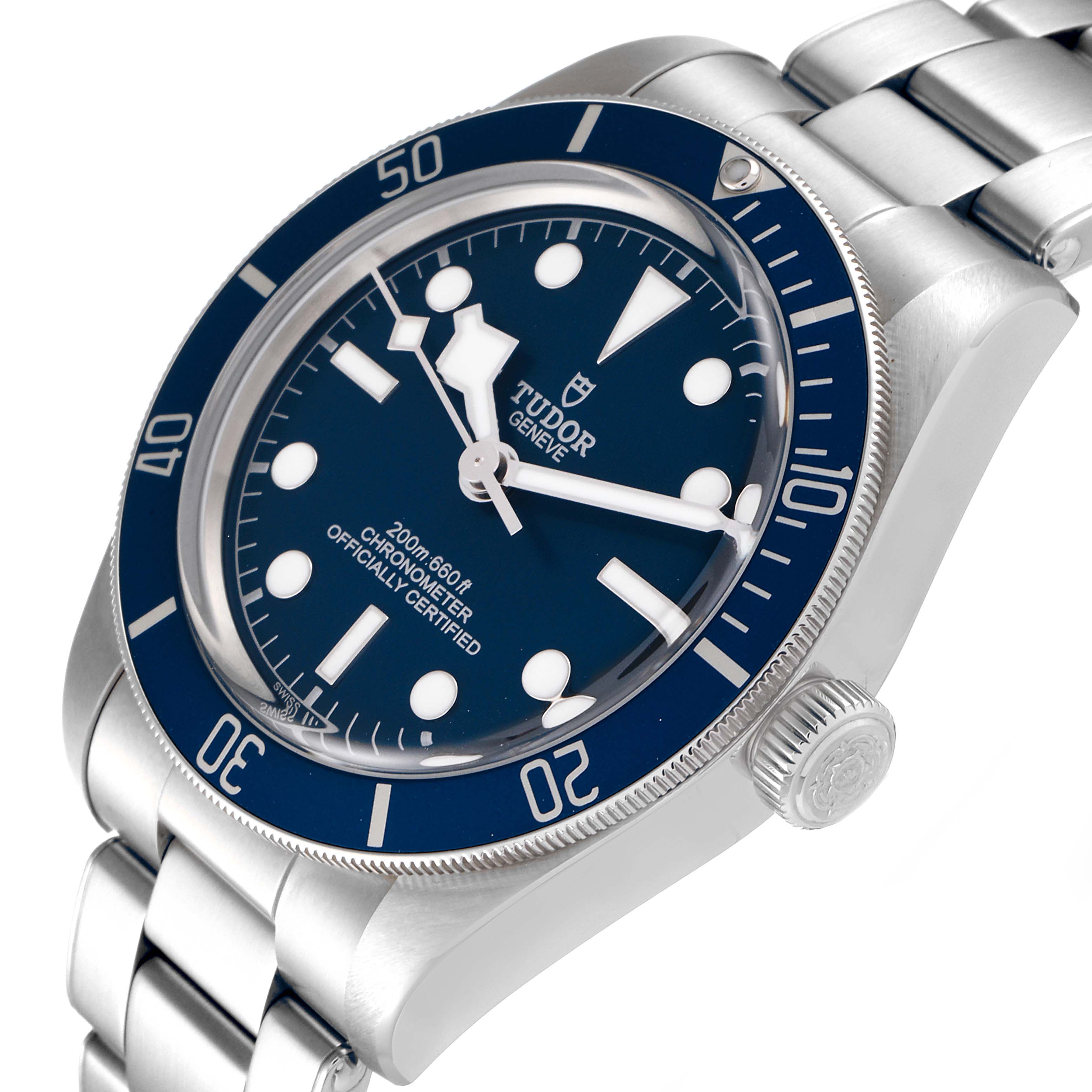 The image shows a close-up angle of the Tudor Heritage Black Bay 79030B Men's Stainless Steel Blue Dial 79030B Men's Stainless Steel Blue Dial watch, highlighting the face, bezel, and part of the bracelet.