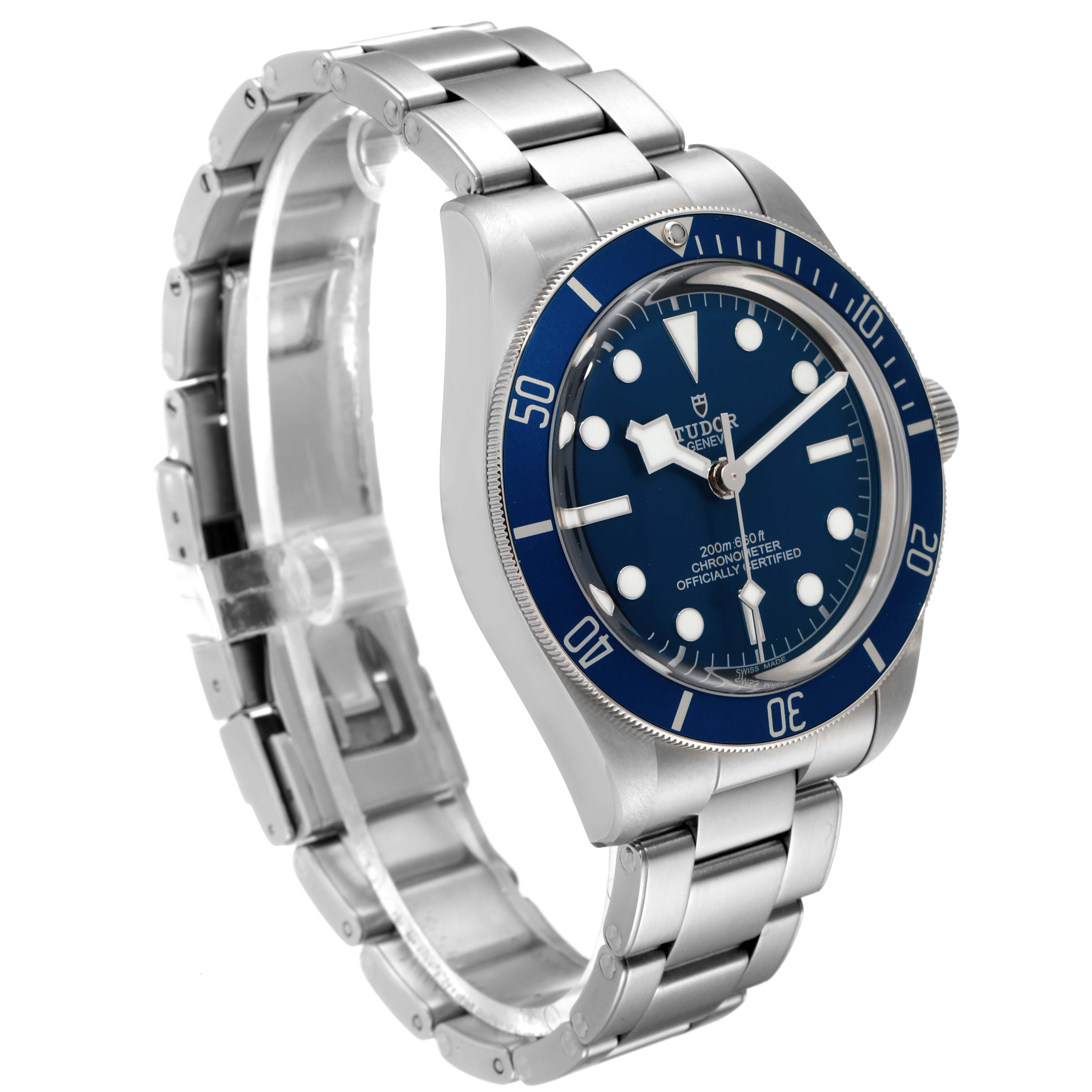 The Tudor Heritage Black Bay 79030B Men's Stainless Steel Blue Dial 79030B Men's Stainless Steel Blue Dial watch is shown at an angled side view, featuring the face, bezel, and metal bracelet.