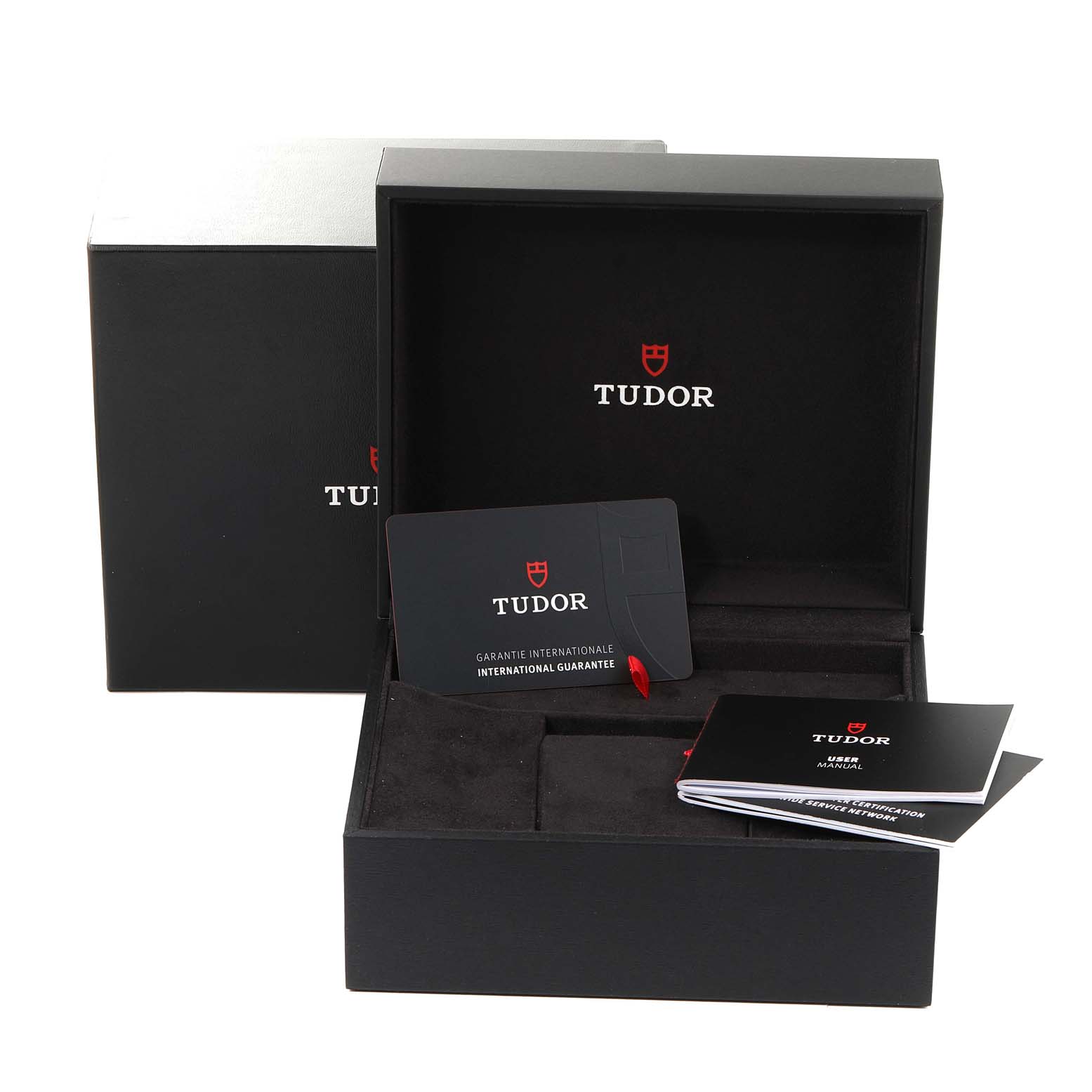 The image shows Tudor Heritage Black Bay 79030B Men's Stainless Steel Blue Dial 79030B Men's Stainless Steel Blue Dial packaging, including the box, international guarantee card, and user manual.