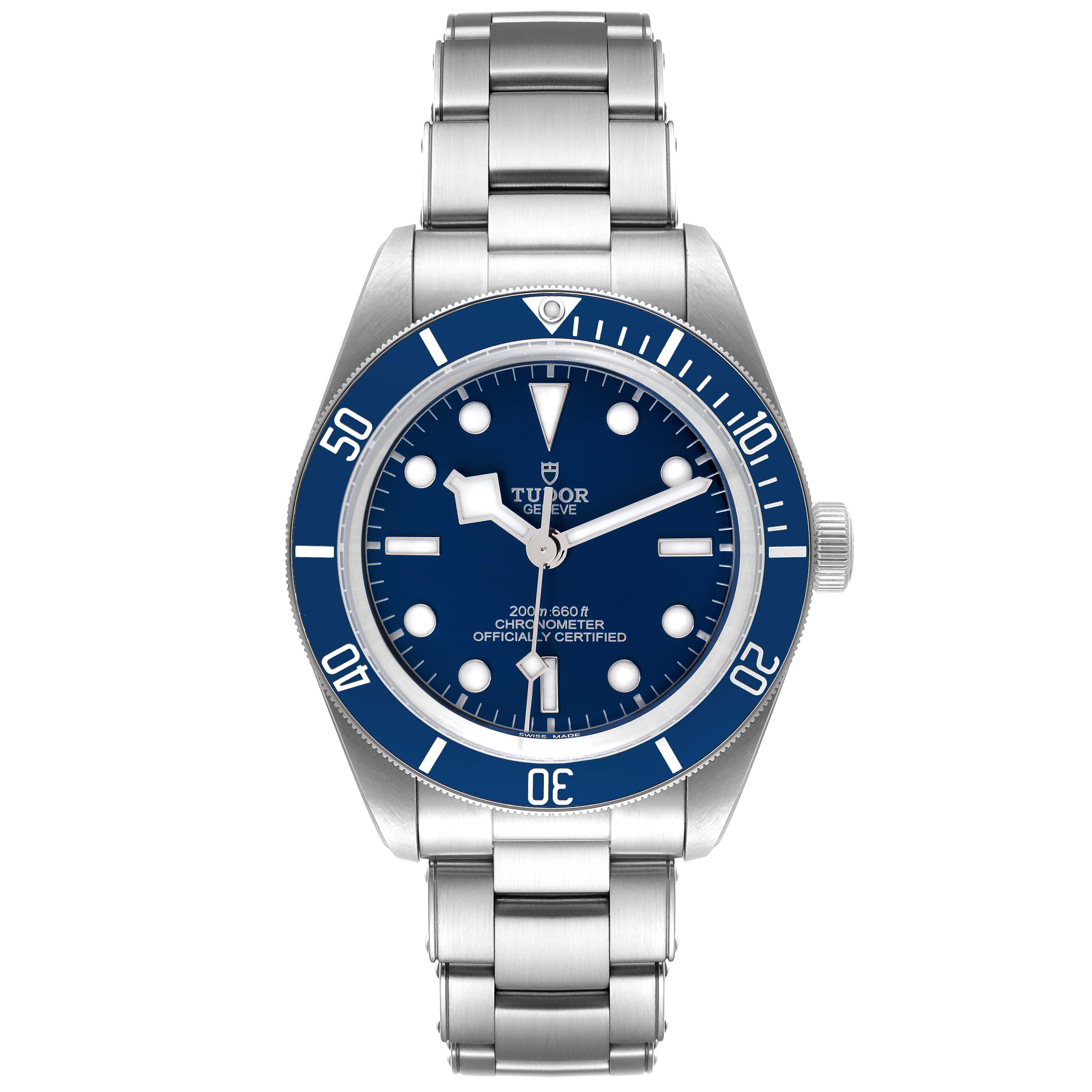 The image shows a front view of a Tudor Heritage Black Bay 79030B Men's Stainless Steel Blue Dial 79030B Men's Stainless Steel Blue Dial watch, displaying the dial, bezel, and bracelet.