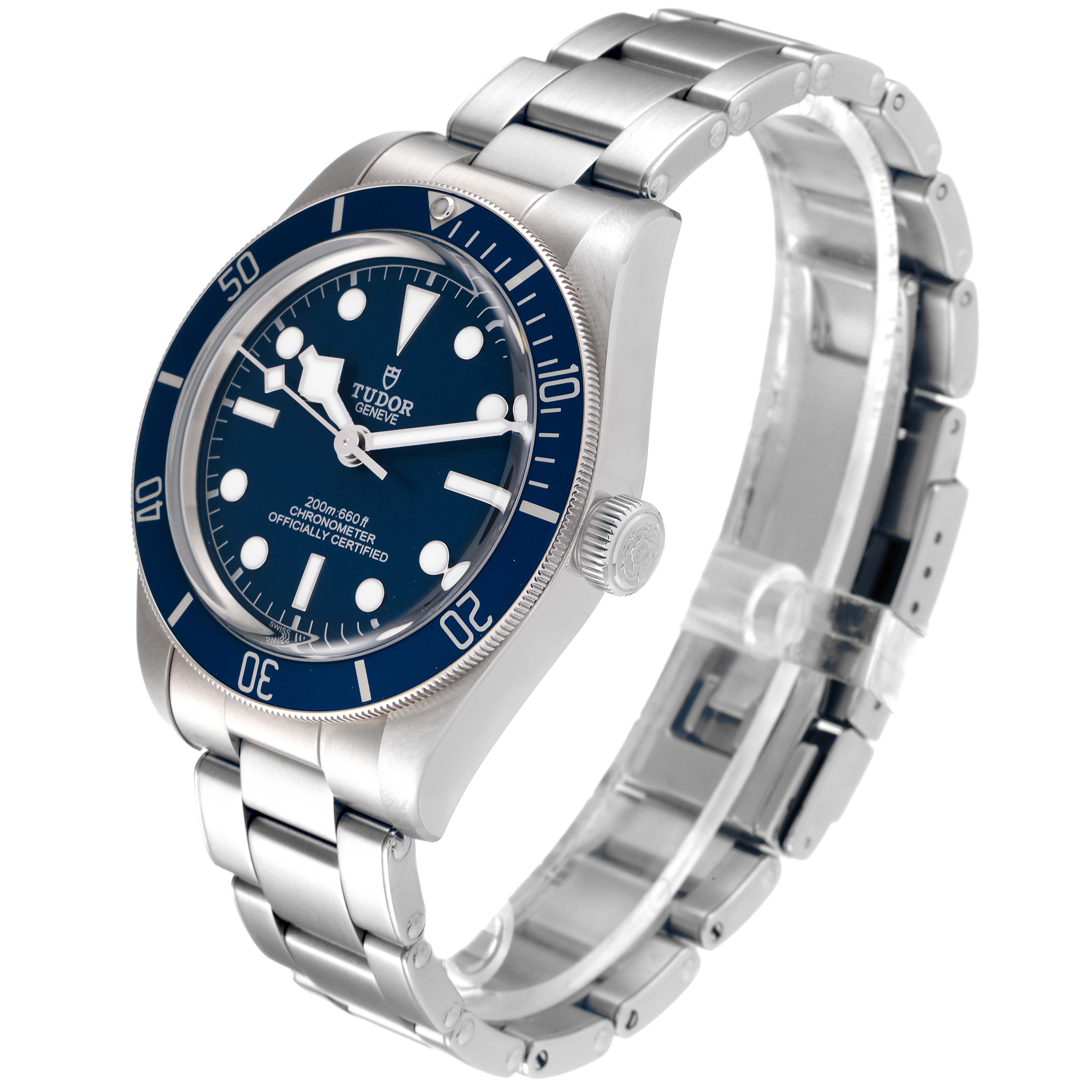 The image shows a Tudor Heritage Black Bay 79030B Men's Stainless Steel Blue Dial 79030B Men's Stainless Steel Blue Dial watch from a three-quarter angle, highlighting the dial, bezel, crown, and metal bracelet.