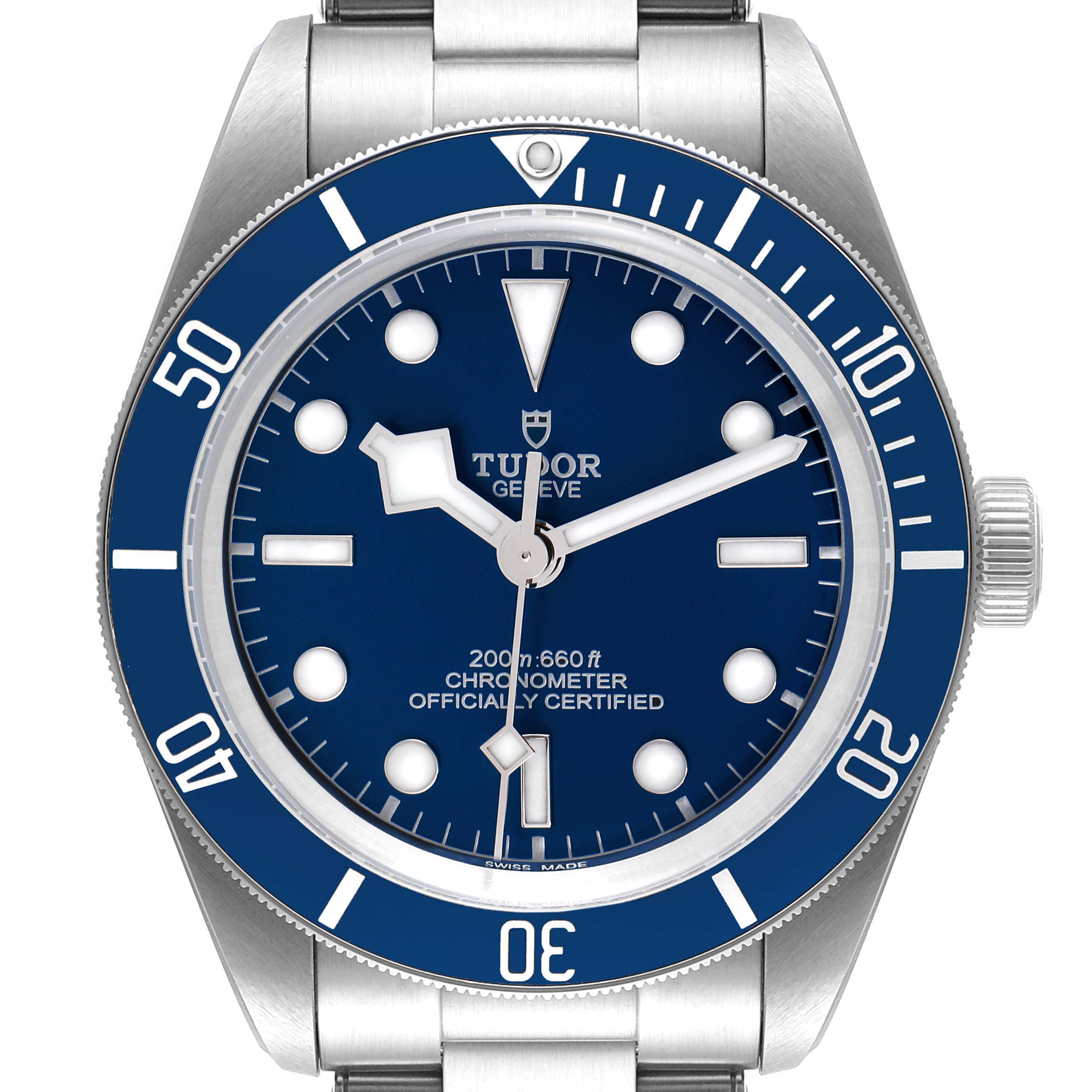 The image shows a frontal view of the Tudor Heritage Black Bay 79030B Men's Stainless Steel Blue Dial 79030B Men's Stainless Steel Blue Dial watch, highlighting the dial, bezel, and crown.