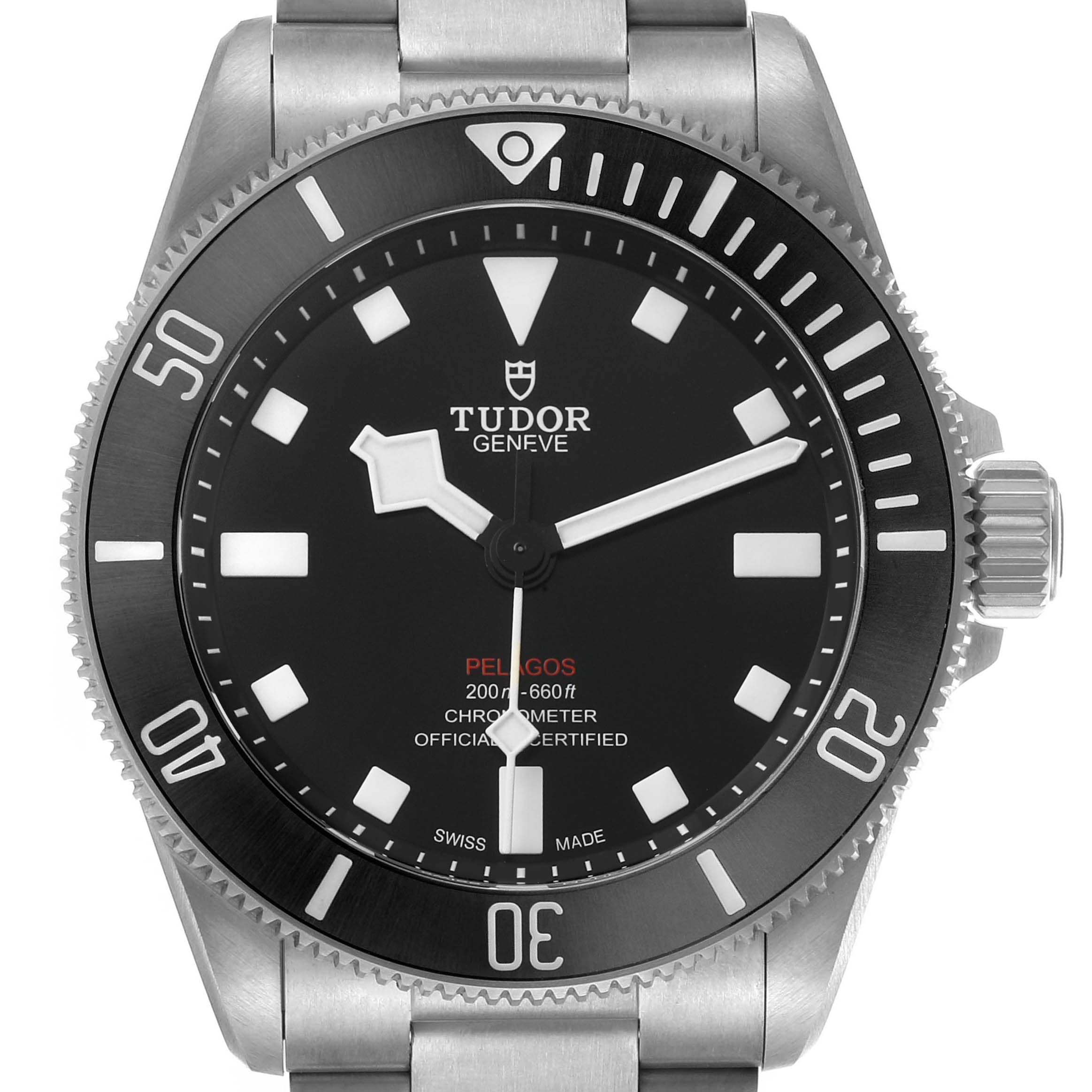 This image shows a front view of the Tudor Pelagos 25407 Men's Titanium Black Dial watch, highlighting the bezel, dial, and crown.