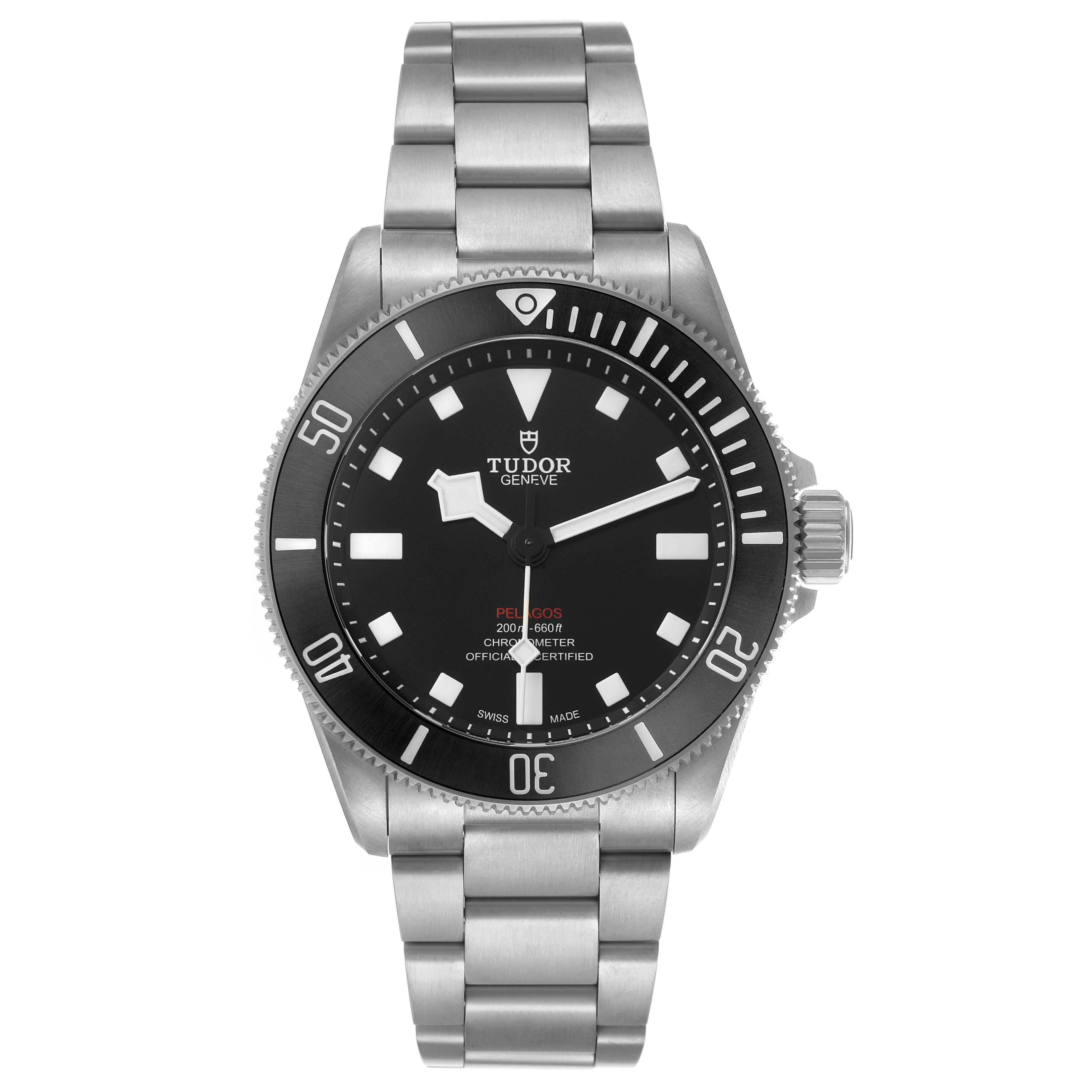 The Tudor Pelagos 25407 Men's Titanium Black Dial watch is shown from a top-down angle, highlighting its dial, bezel, and bracelet.