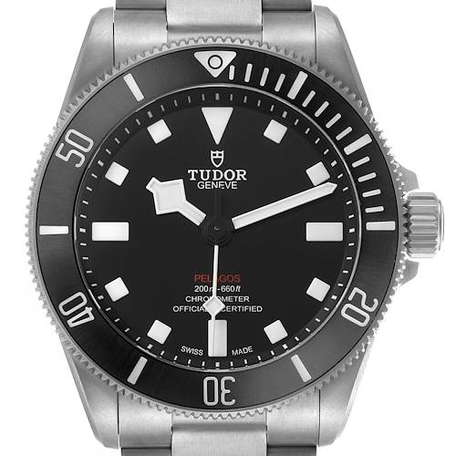 The Tudor Pelagos 25407 Men's Titanium Black Dial watch is shown from the front, displaying the dial, bezel, and part of the bracelet.
