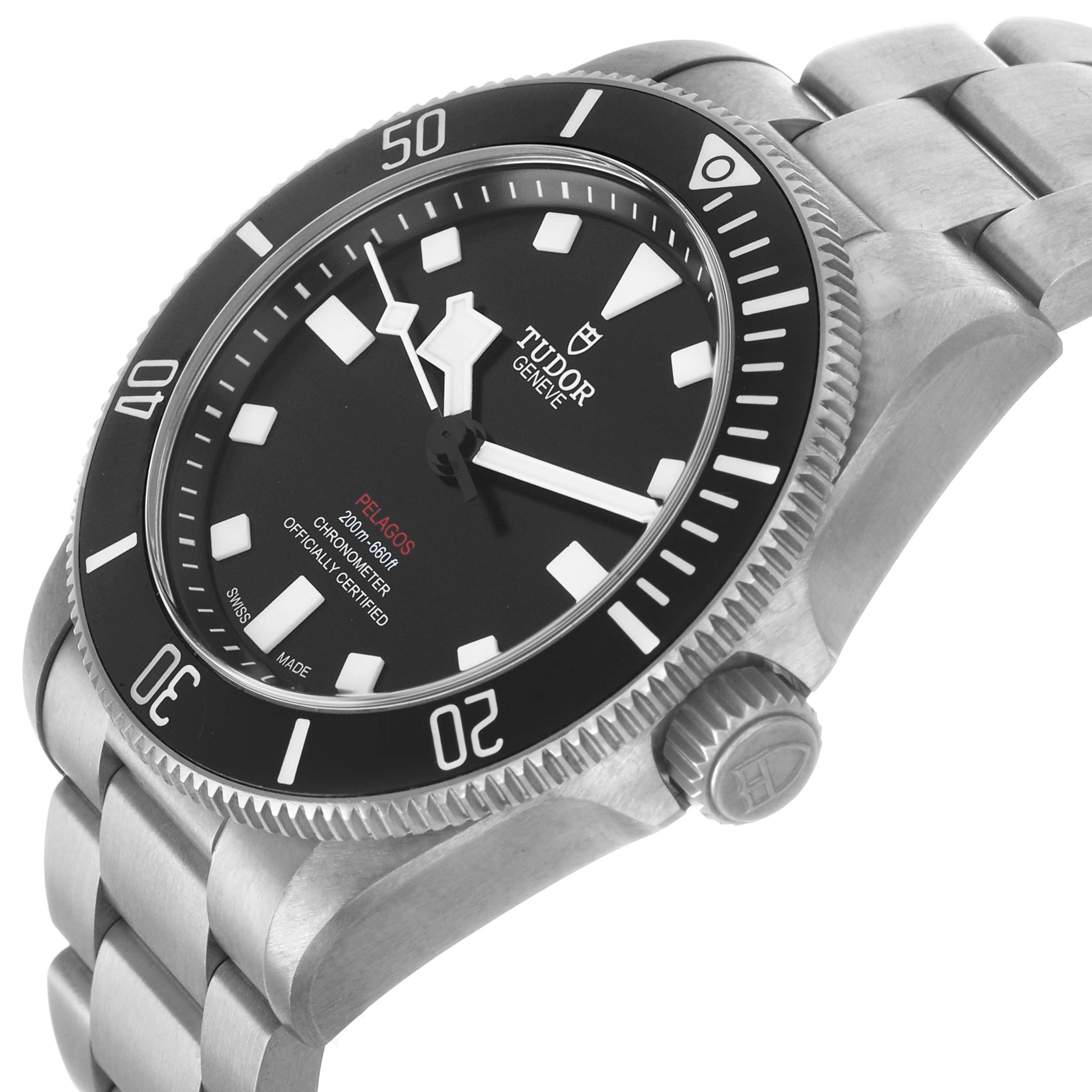The Tudor Pelagos 25407 Men's Titanium Black Dial watch is shown at a three-quarter angle, highlighting its bezel, dial, crown, and bracelet.