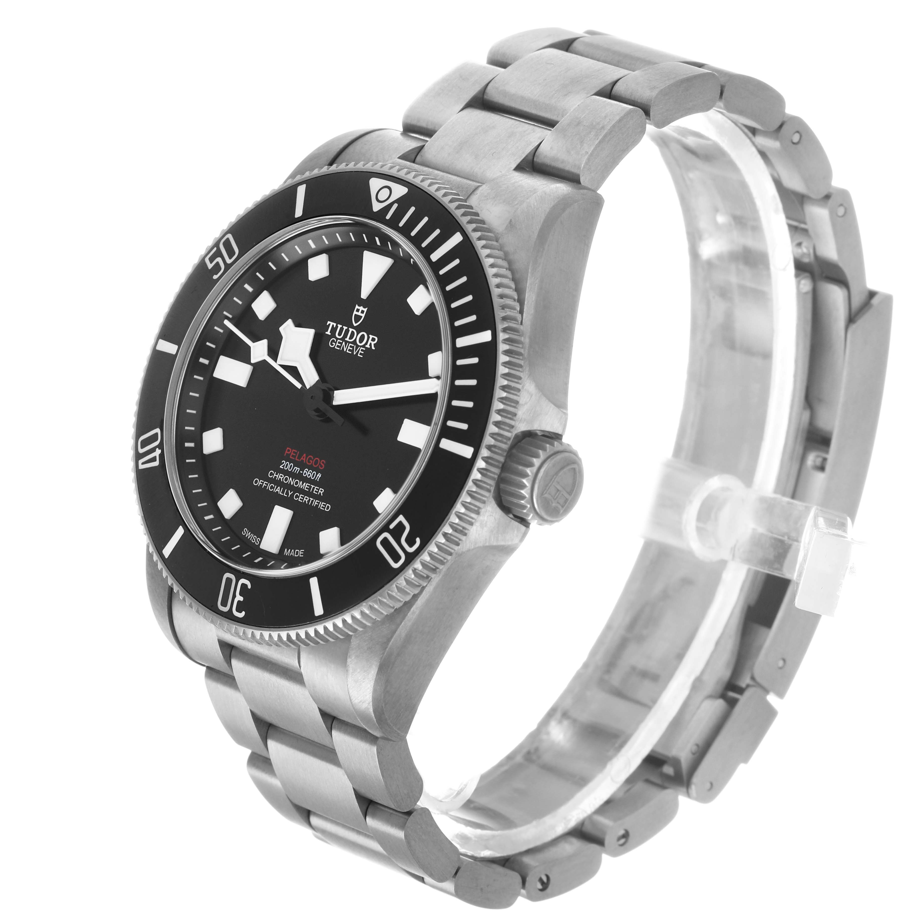 The Tudor Pelagos 25407 Men's Titanium Black Dial watch is shown at a three-quarter angle, displaying the face, bezel, crown, and bracelet.