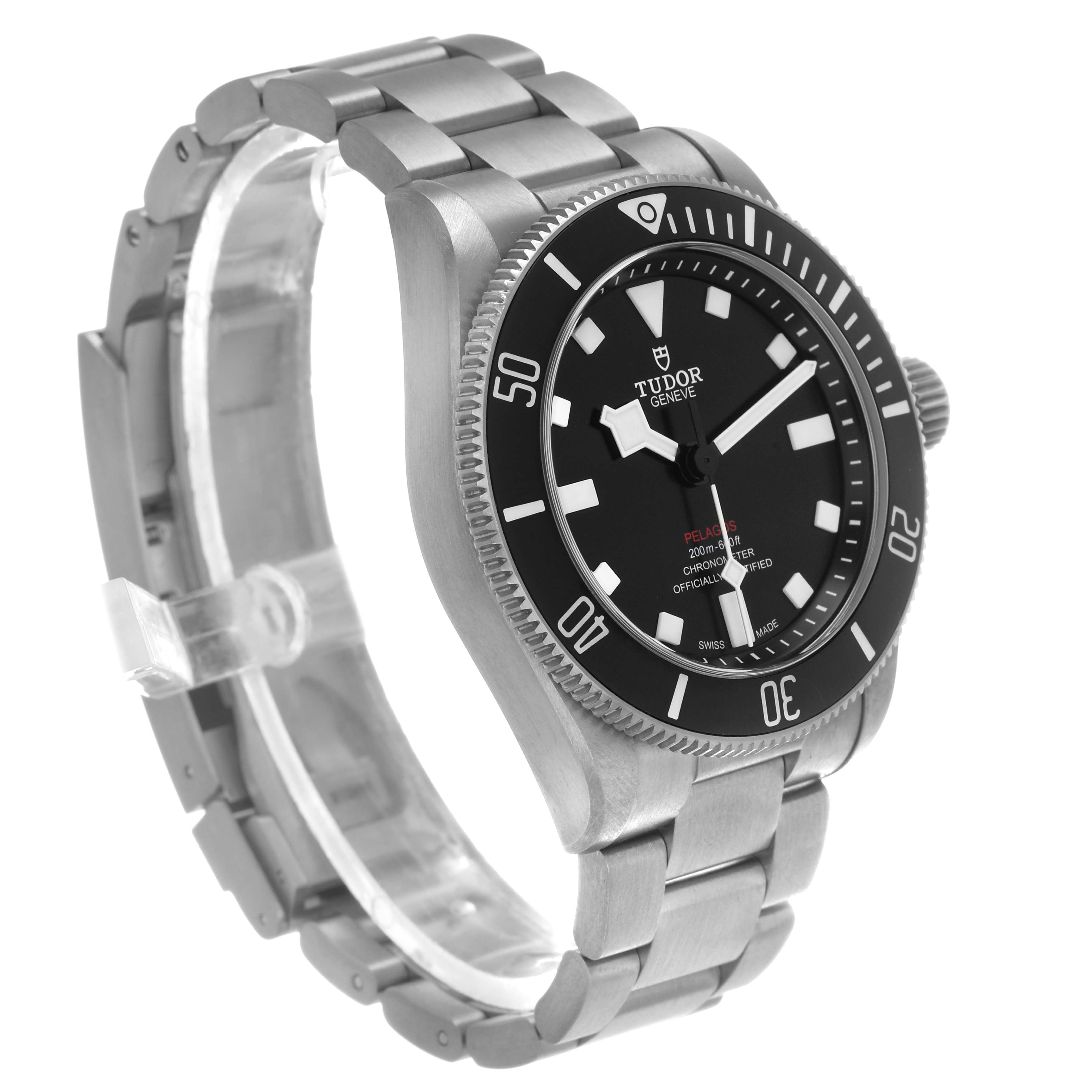 The Tudor Pelagos 25407 Men's Titanium Black Dial watch is shown from a front-left angle, highlighting the dial, bezel, and bracelet.