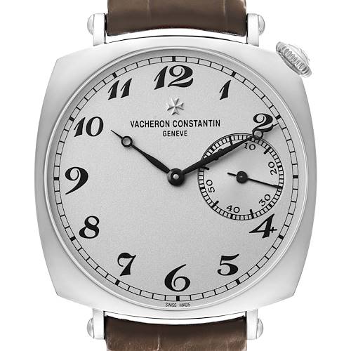 The Vacheron Constantin Historiques 1100S Men's White Gold Silver Dial watch is shown from the front, highlighting the dial, hands, numerals, and crown.