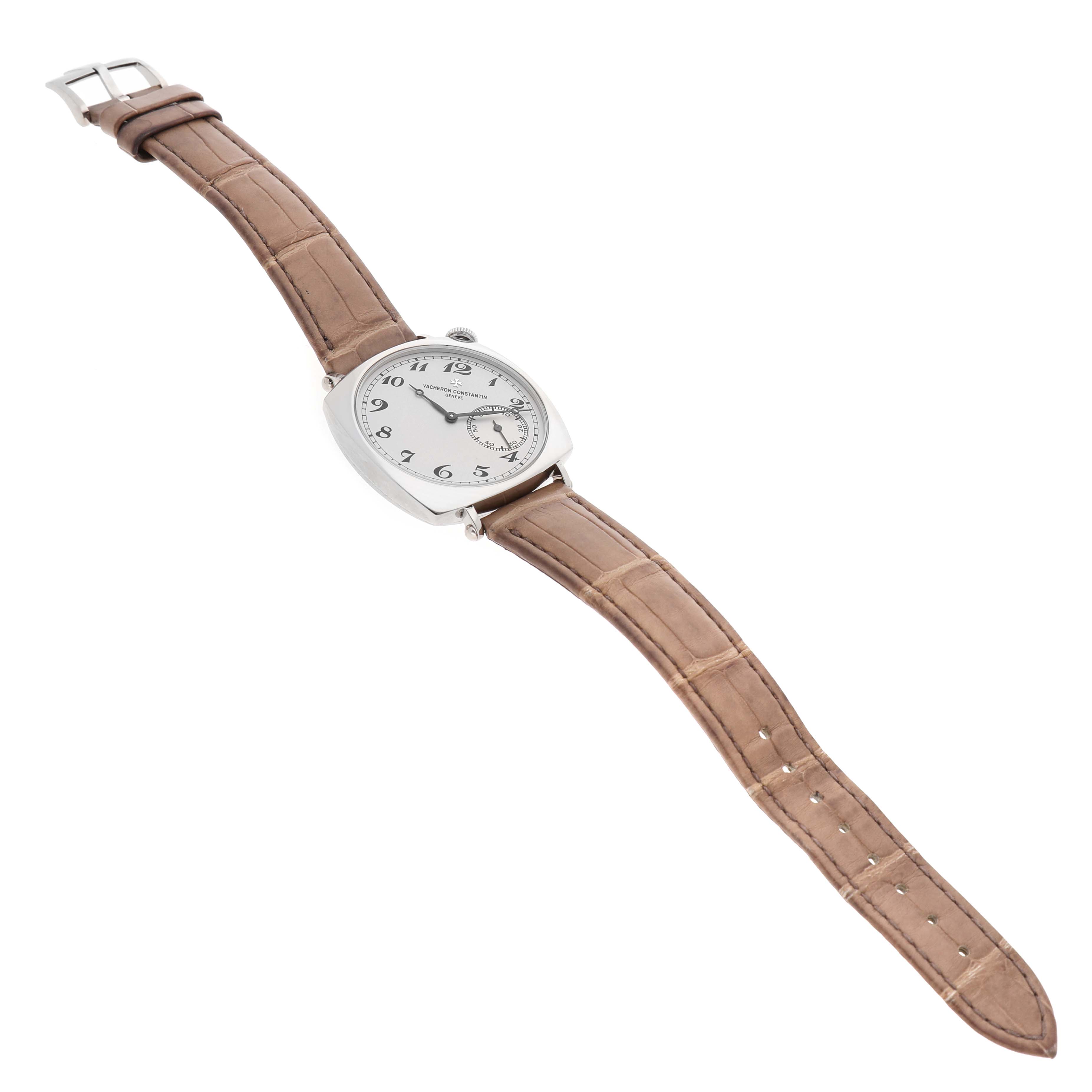 The image shows the Vacheron Constantin Historiques 1100S Men's White Gold Silver Dial watch at a slight angle, highlighting the dial and brown leather strap.