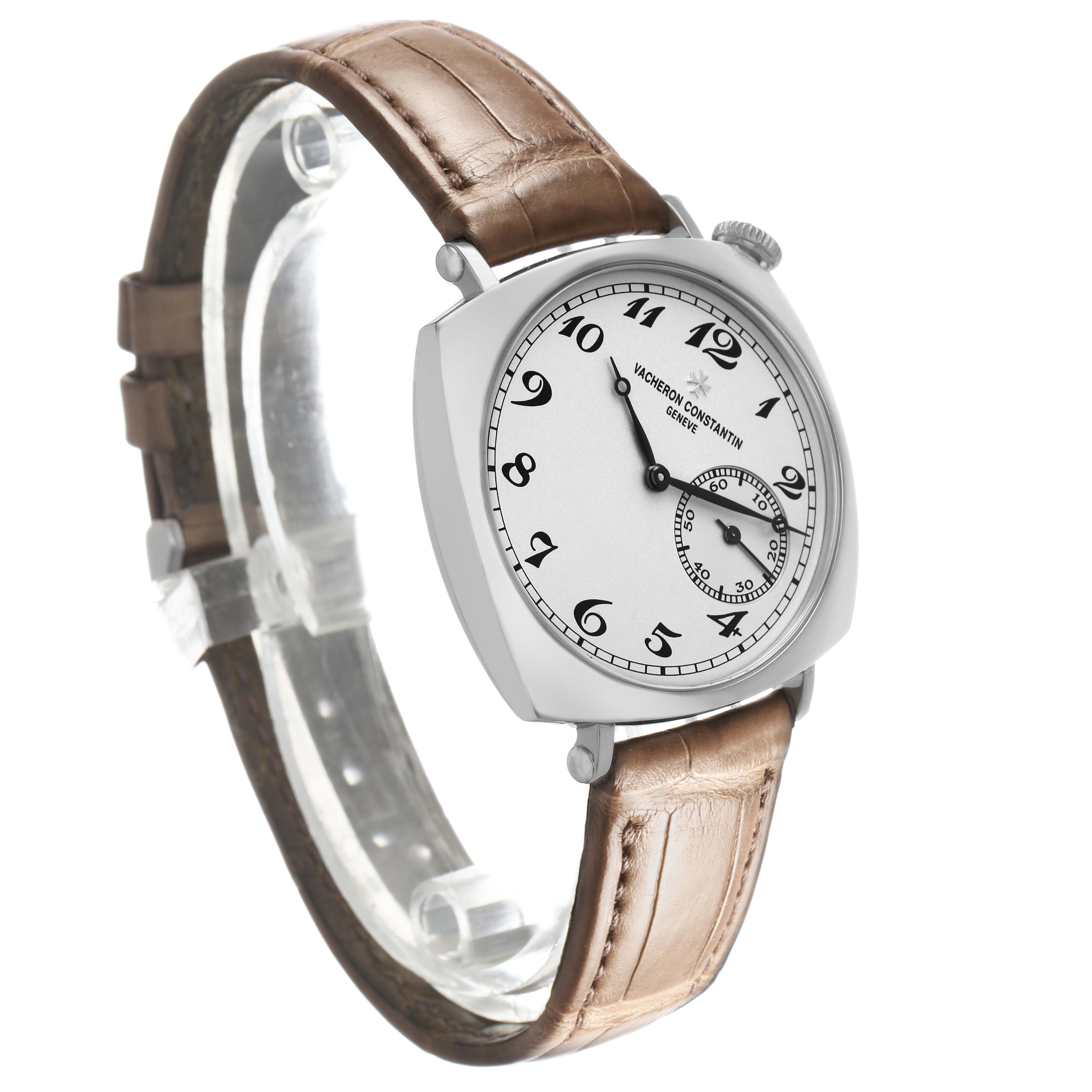 The Vacheron Constantin Historiques 1100S Men's White Gold Silver Dial watch is shown at a slight angle, featuring its face, lugs, crown, and brown leather strap.