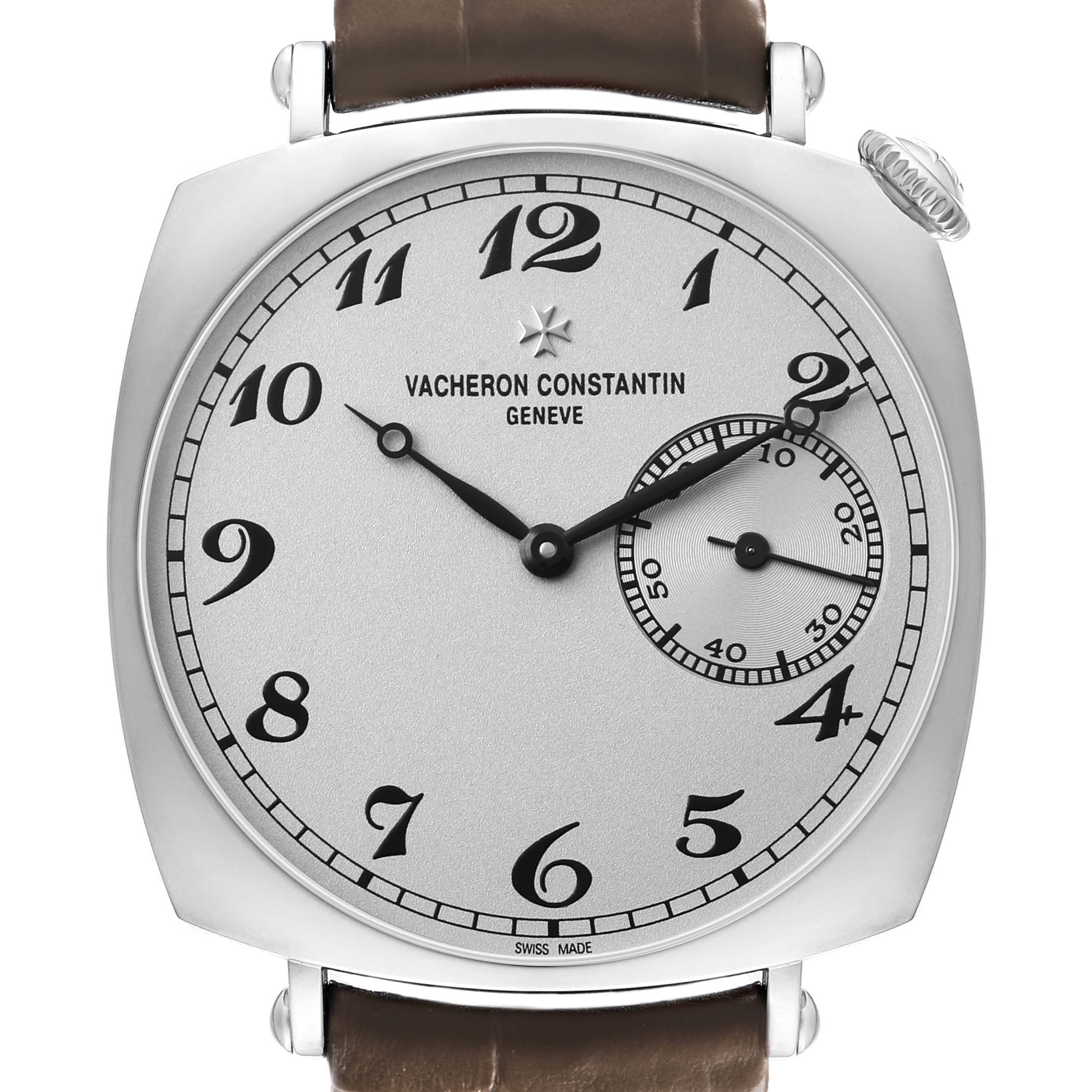 The Vacheron Constantin Historiques 1100S Men's White Gold Silver Dial watch is shown from the front, highlighting the dial, hands, and part of the leather strap.