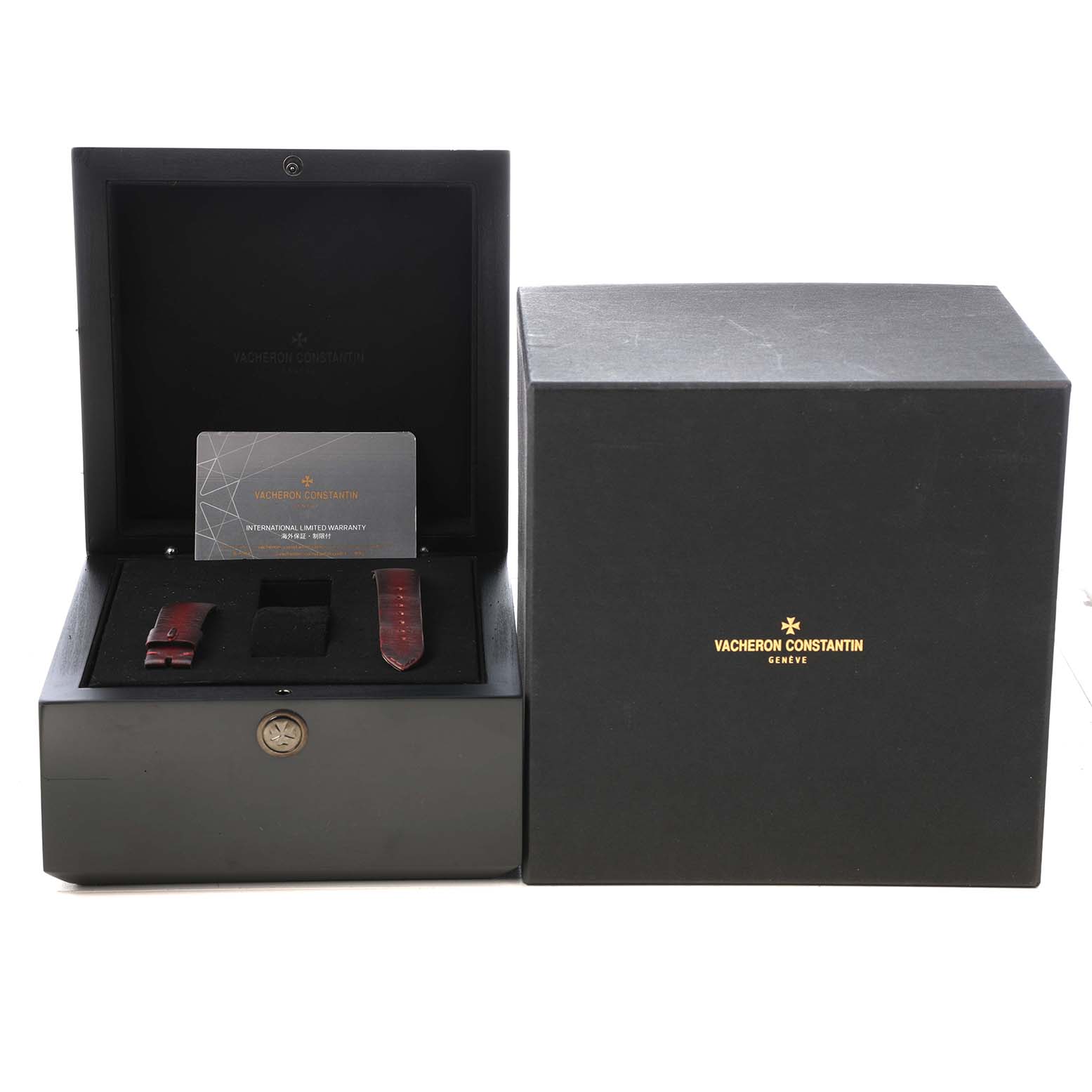 The image shows a Vacheron Constantin Historiques 1100S Men's White Gold Silver Dial box open, revealing straps and a warranty card.