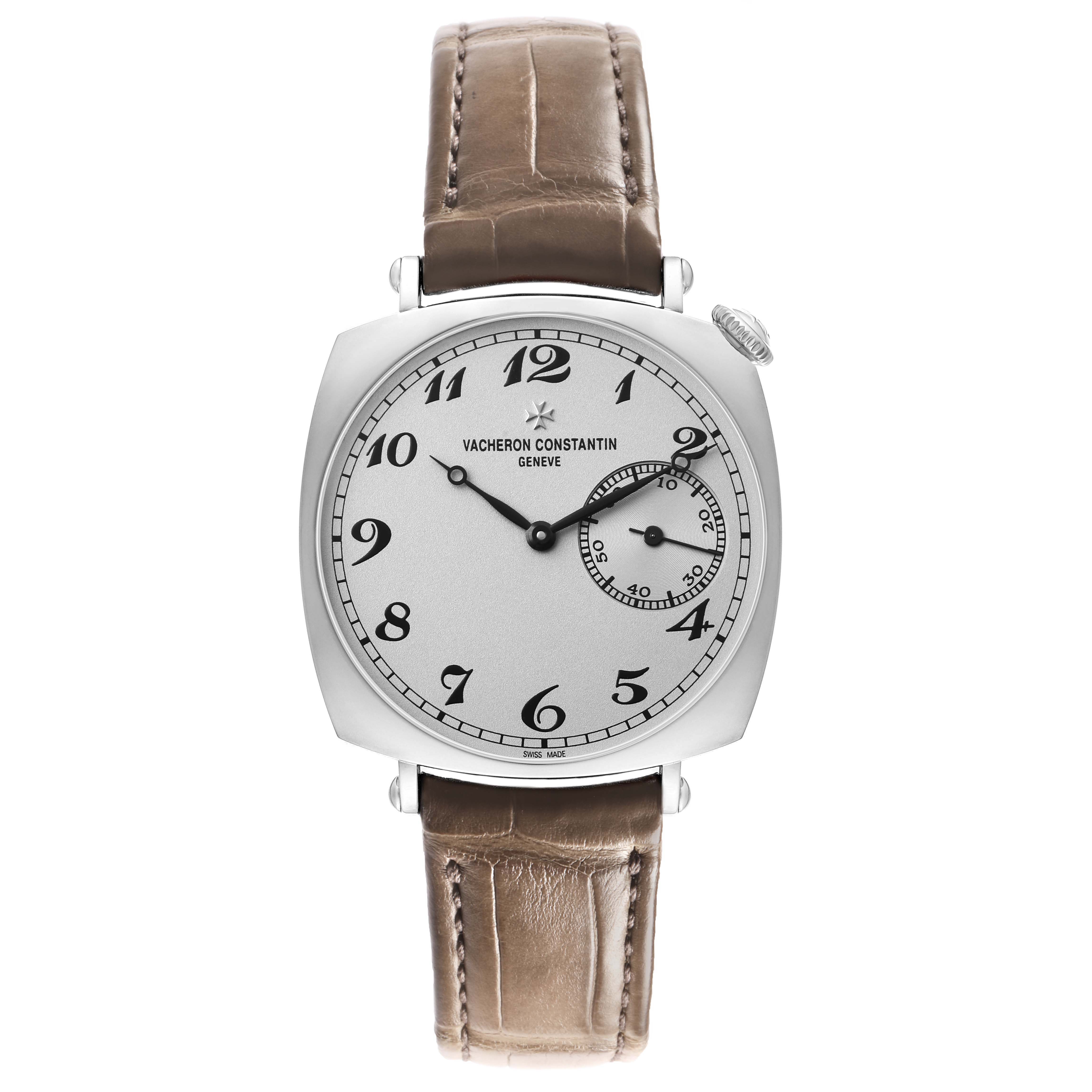 The Vacheron Constantin Historiques 1100S Men's White Gold Silver Dial watch is shown from a front angle, displaying the dial, hands, and the leather strap.