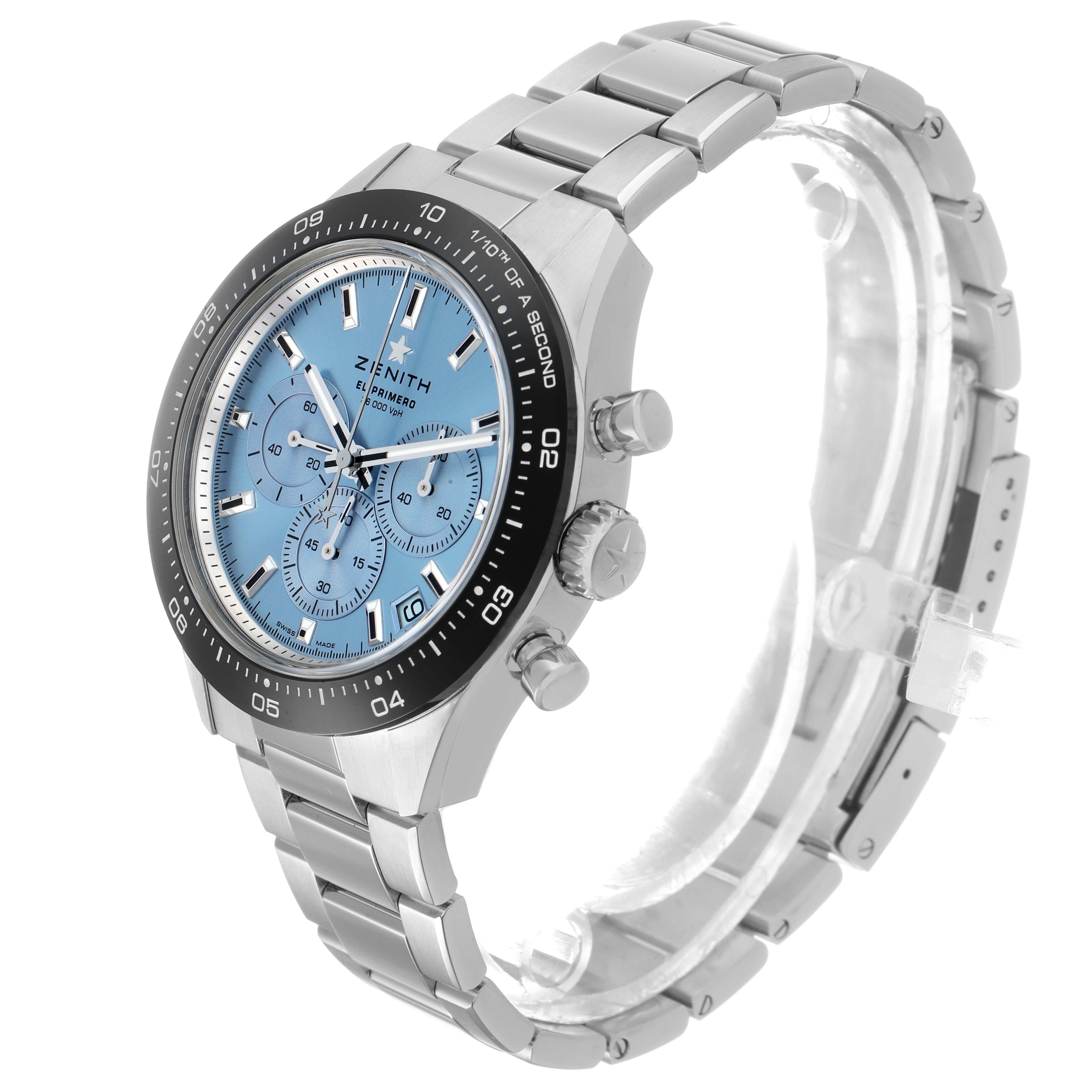 The Zenith Chronomaster 03.3105.3600 Men's Stainless Steel Blue Dial watch is shown at a slight side angle highlighting its face, bezel, crown, pushers, and bracelet.