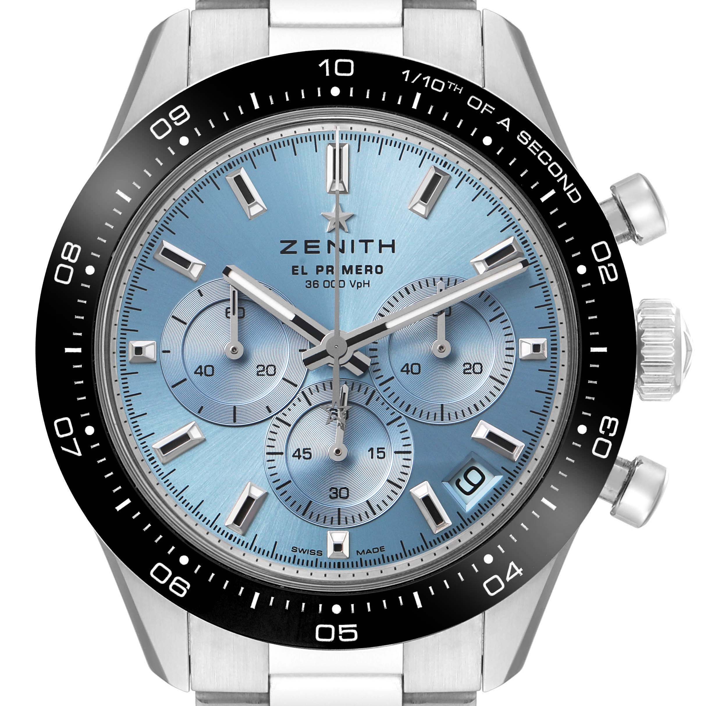 The Zenith Chronomaster 03.3105.3600 Men's Stainless Steel Blue Dial watch is shown from the front, highlighting its blue dial, subdials, silver hands, and bezel details.