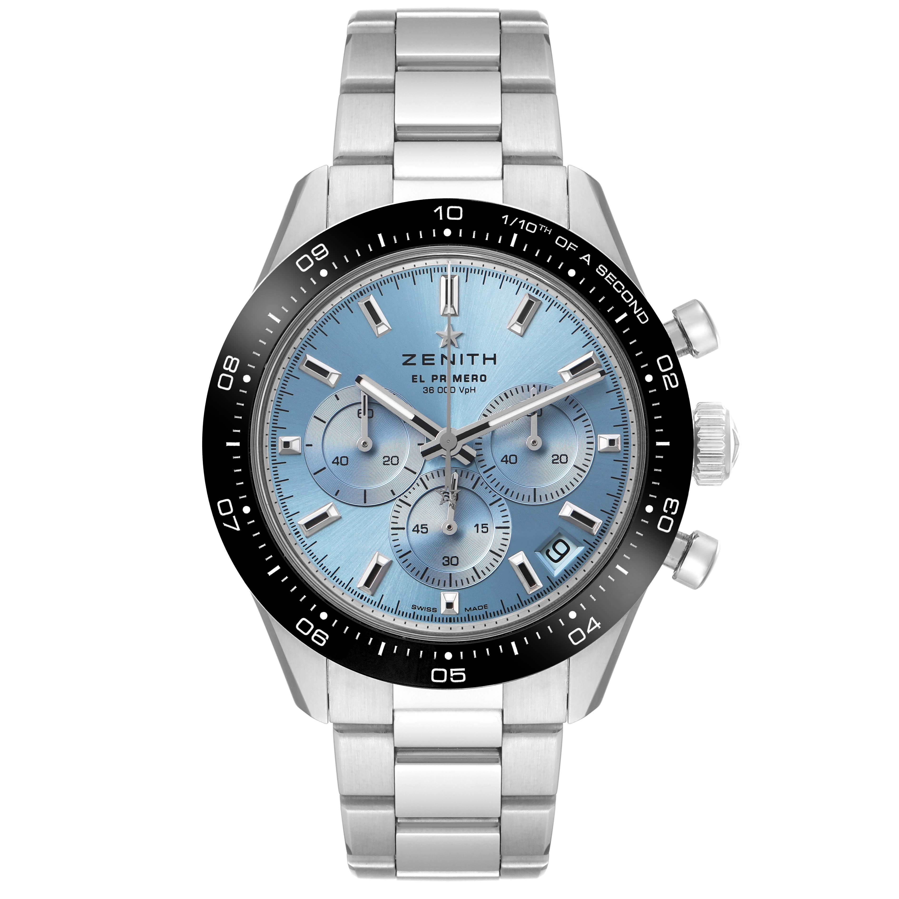 The Zenith Chronomaster 03.3105.3600 Men's Stainless Steel Blue Dial watch is shown from a front angle, highlighting the dial, bezel, and bracelet.