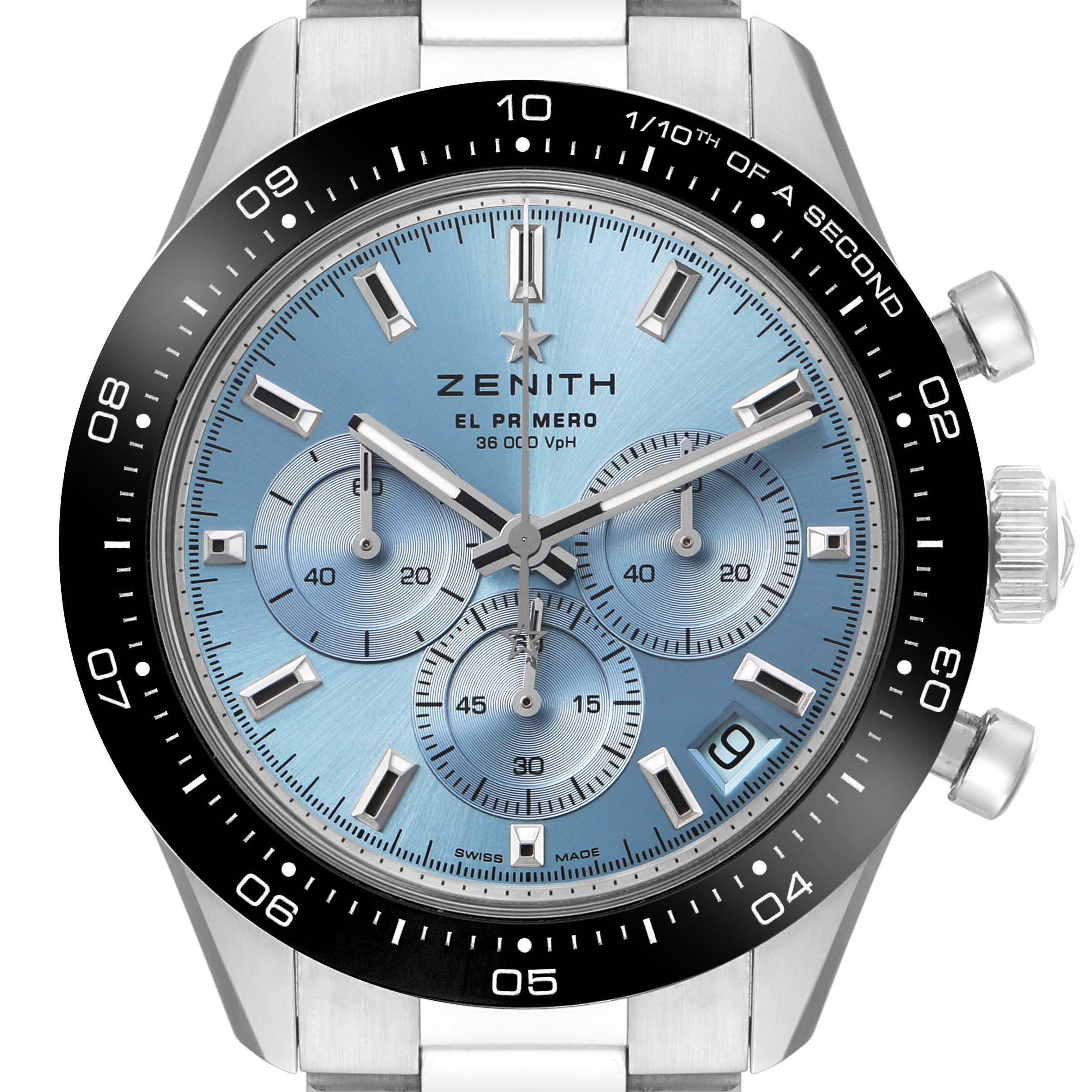 The image shows a Zenith Chronomaster 03.3105.3600 Men's Stainless Steel Blue Dial watch face with its bezel, sub-dials, and crown from a front angle.