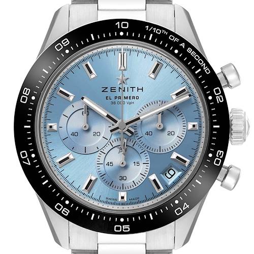 The Zenith Chronomaster 03.3105.3600 Men's Stainless Steel Blue Dial watch is shown from the front, highlighting the dial, bezel, subdials, and crown.