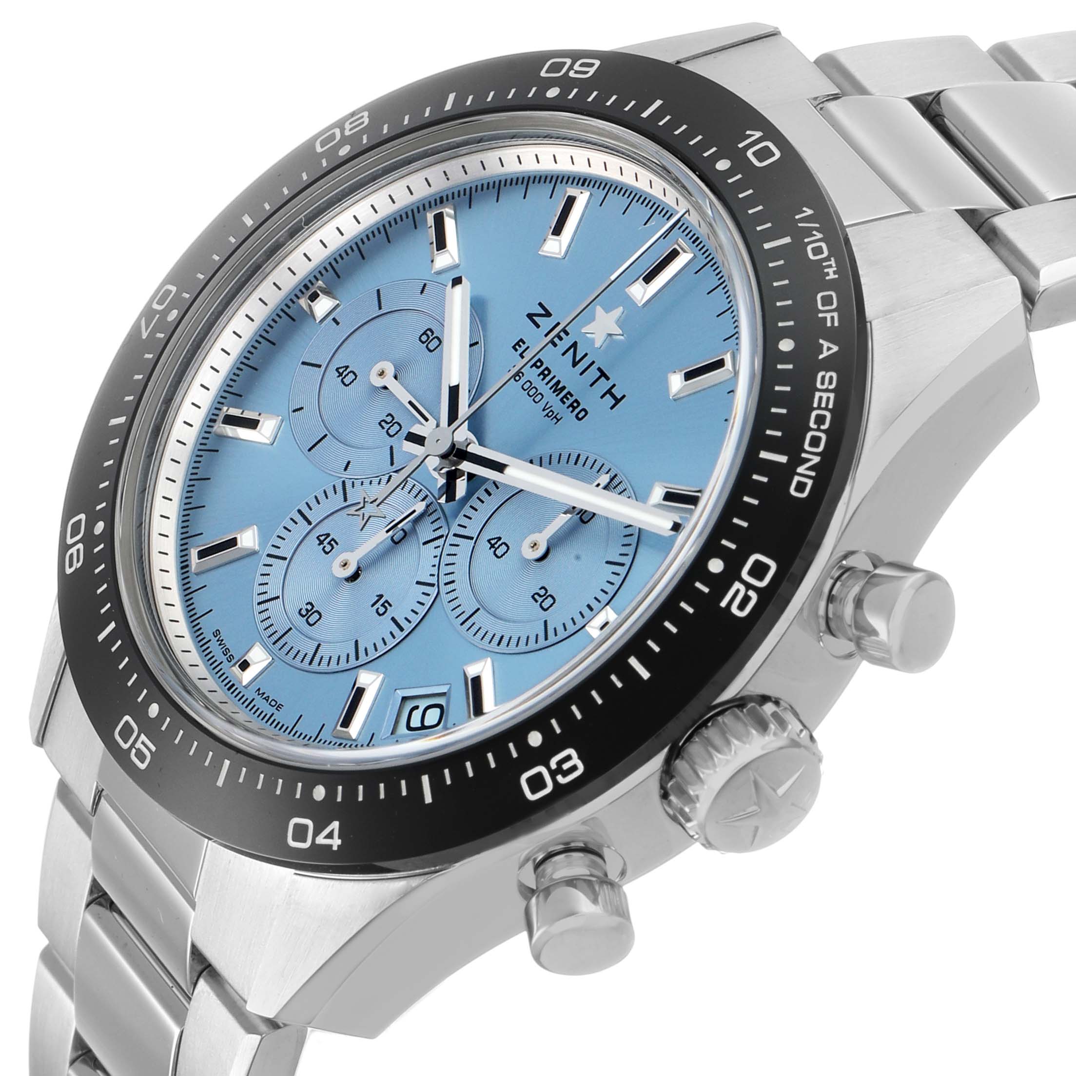 The Zenith Chronomaster 03.3105.3600 Men's Stainless Steel Blue Dial watch is shown at an angled side view, highlighting the dial, bezel, buttons, and bracelet.