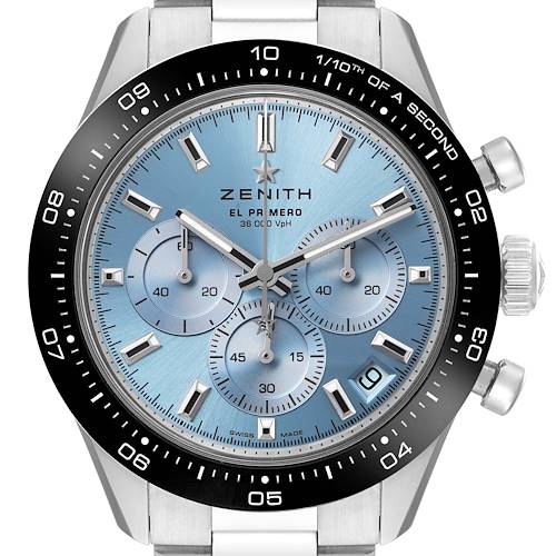 The Zenith Chronomaster 03.3105.3600 Men's Stainless Steel Blue Dial watch is shown from the front, displaying the dial, subdials, bezel, crown, and pushers.