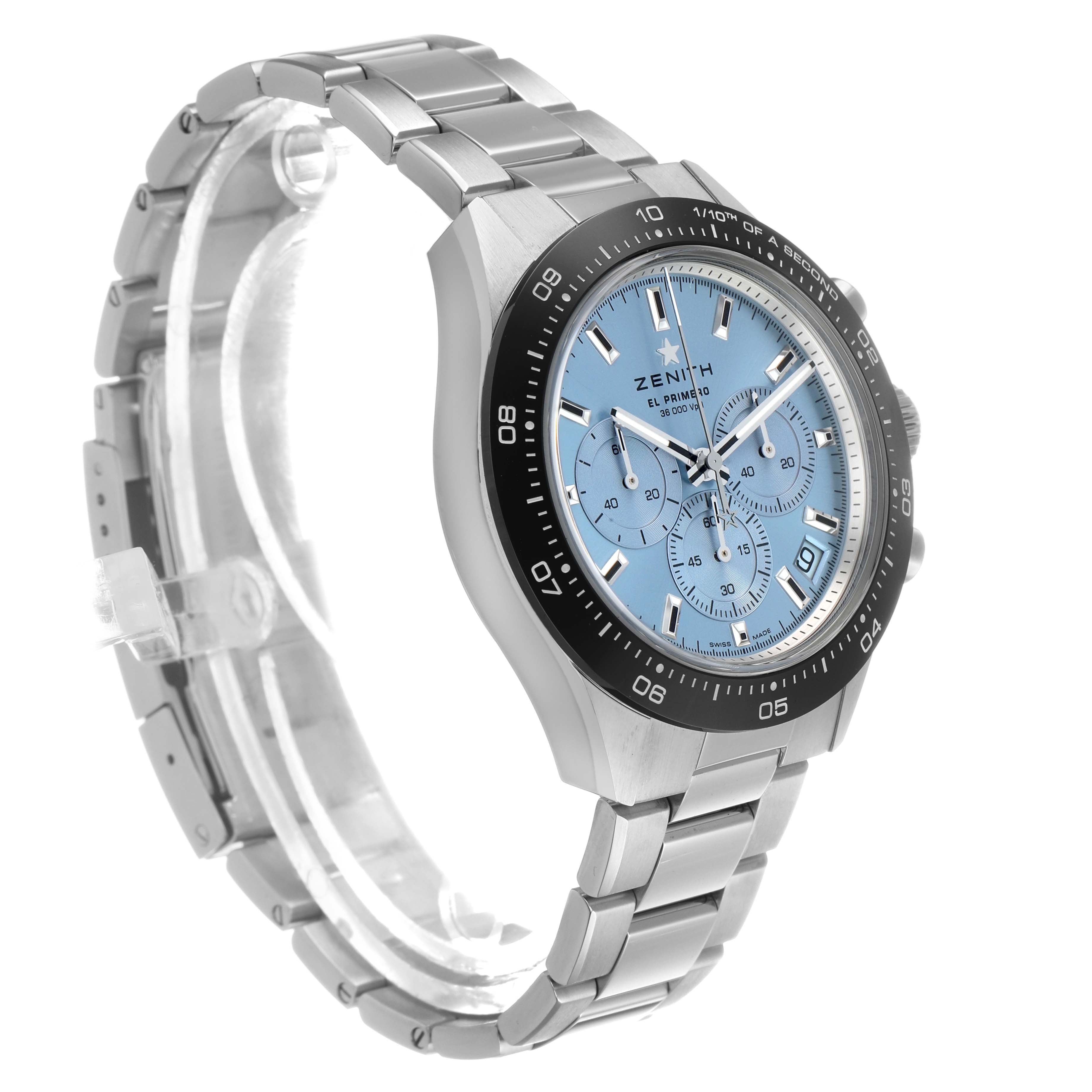 The Zenith Chronomaster 03.3105.3600 Men's Stainless Steel Blue Dial watch is shown from a three-quarter angle, highlighting the bracelet, bezel, and dial.