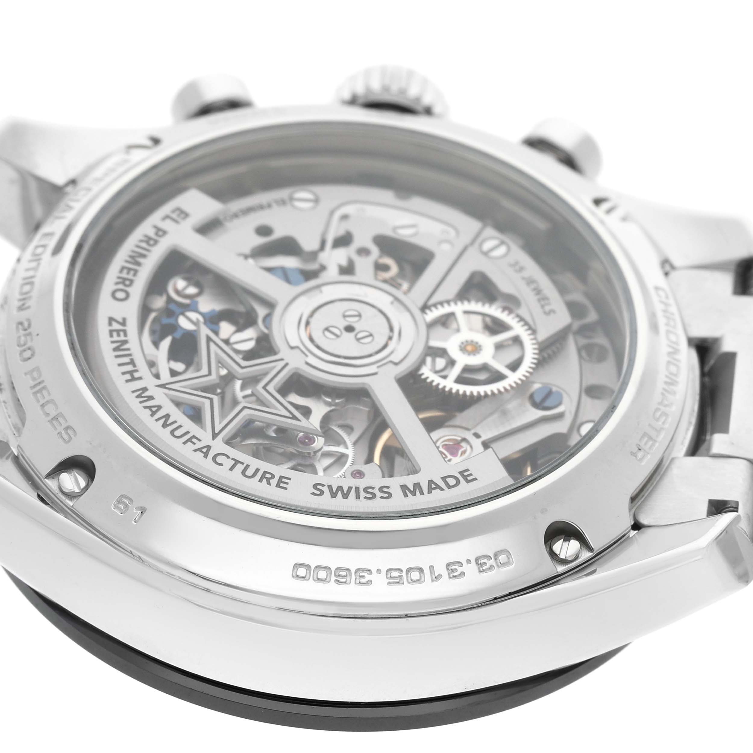 The image shows the back of the Zenith Chronomaster 03.3105.3600 Men's Stainless Steel Blue Dial watch, highlighting its intricate movement and transparent case back.