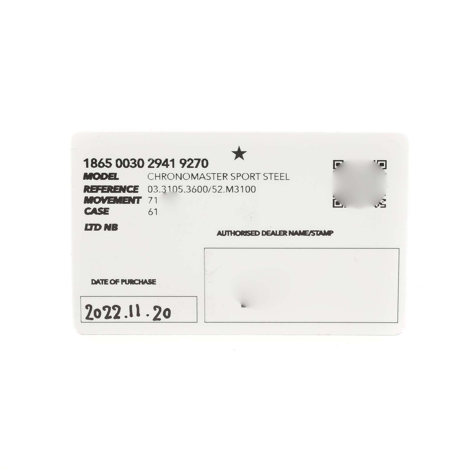 The image shows a warranty card for the Zenith Chronomaster 03.3105.3600 Men's Stainless Steel Blue Dial model with details like reference number and purchase date.