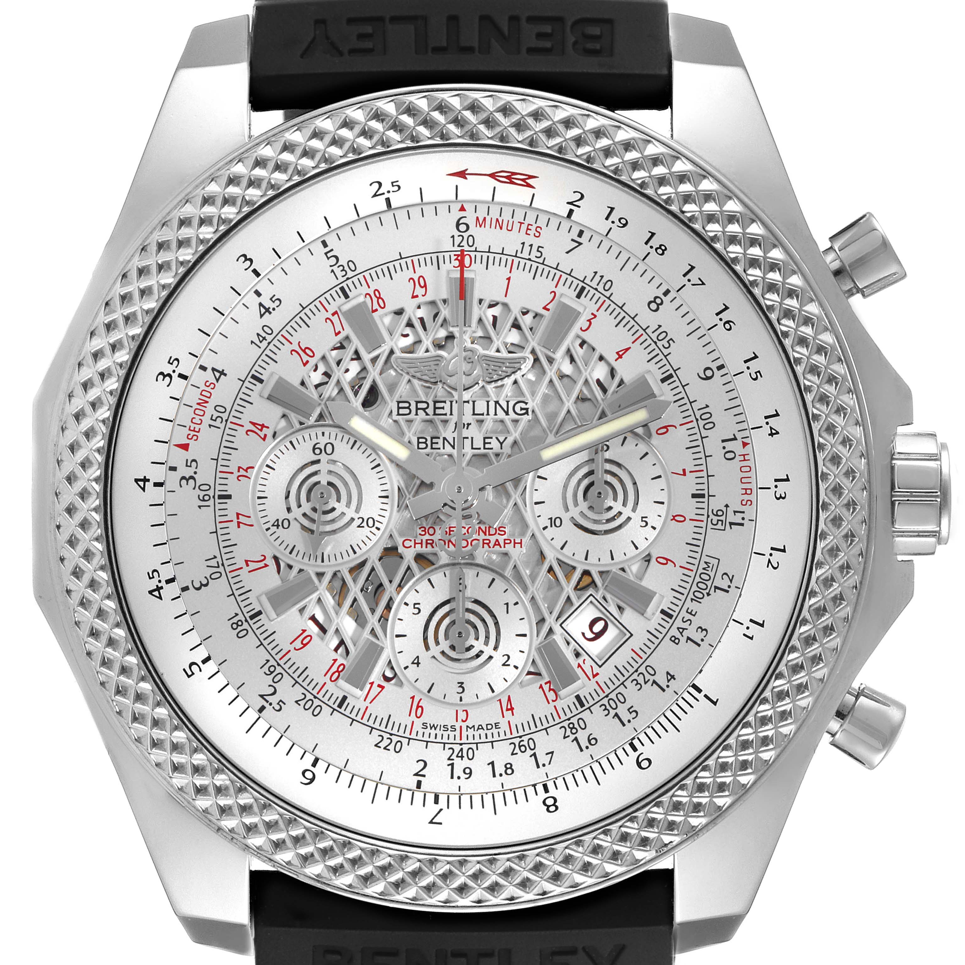 The Breitling Bentley AB061112/G768-990A Men
s Stainless Steel Silver Dial AB061112/G768-990A Men
s Stainless Steel Silver Dial watch is shown from the front, highlighting the dial, chronograph subdials, and textured bezel.